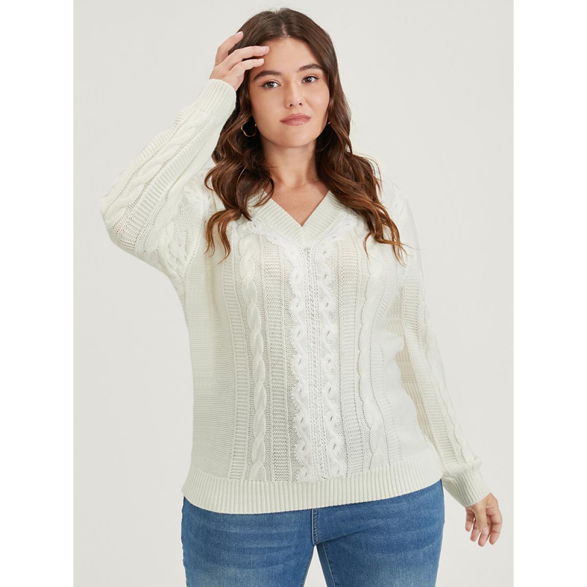 Plus Size Plain Pointelle Knit V Neck Cable Knit Lace Patchwork Knit Top White Women Elegant Loose Long Sleeve V-neck Dailywear Pullovers BloomChic 18-20/2X Product Image