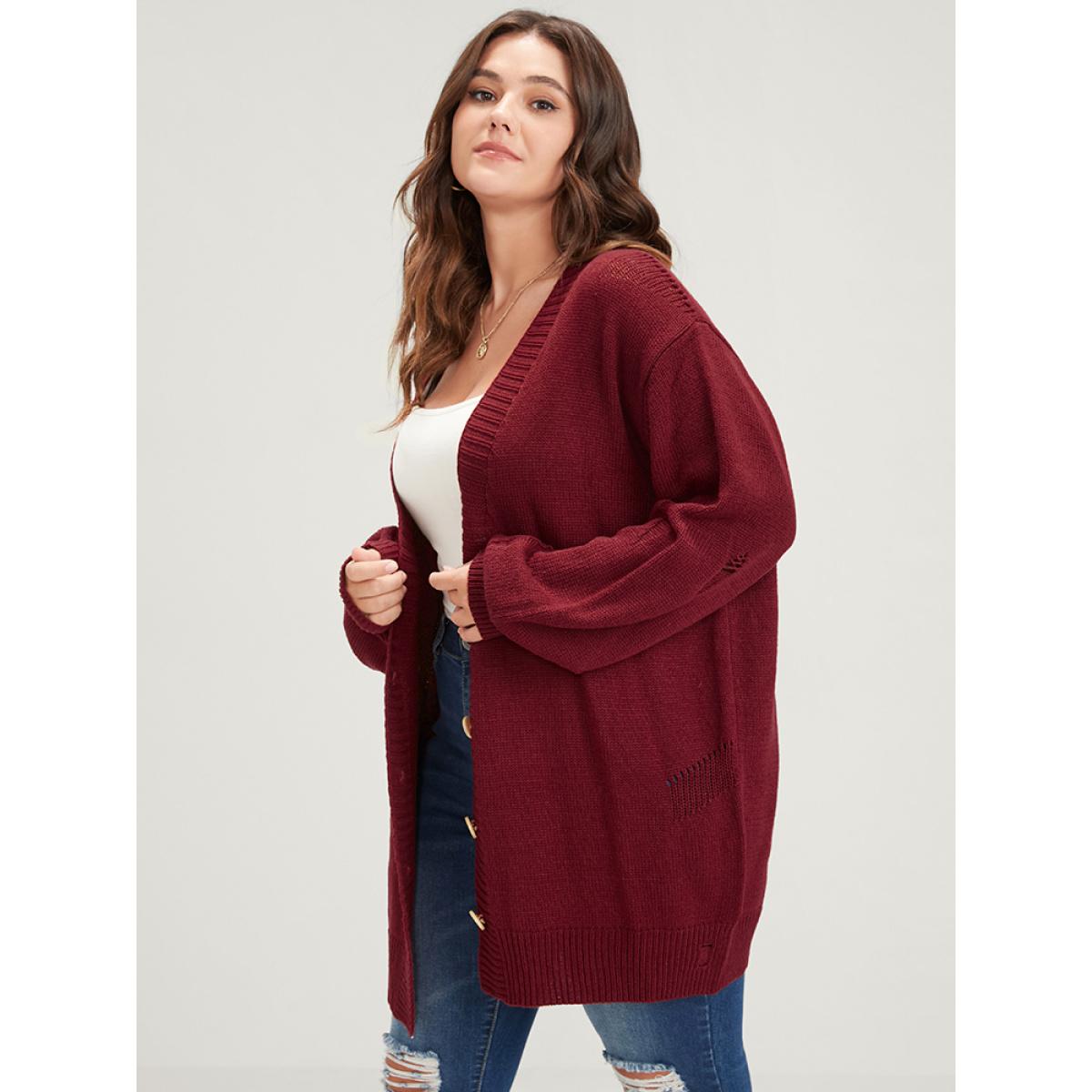 Plus Size Solid Pointelle Knit Distressed Button Front Mid Long Cardigan Scarlet Women Elegant Loose Long Sleeve Dailywear Cardigans BloomChic 12/L Product Image