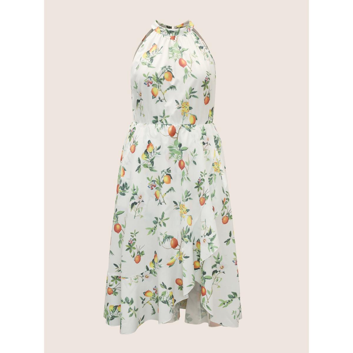 Plus Size Citrus Lemon Print Elastic Waist Halter Neck Dress Ivory Women Elegant Non Halter neck Sleeveless Curvy Midi Dress BloomChic 12/L Product Image