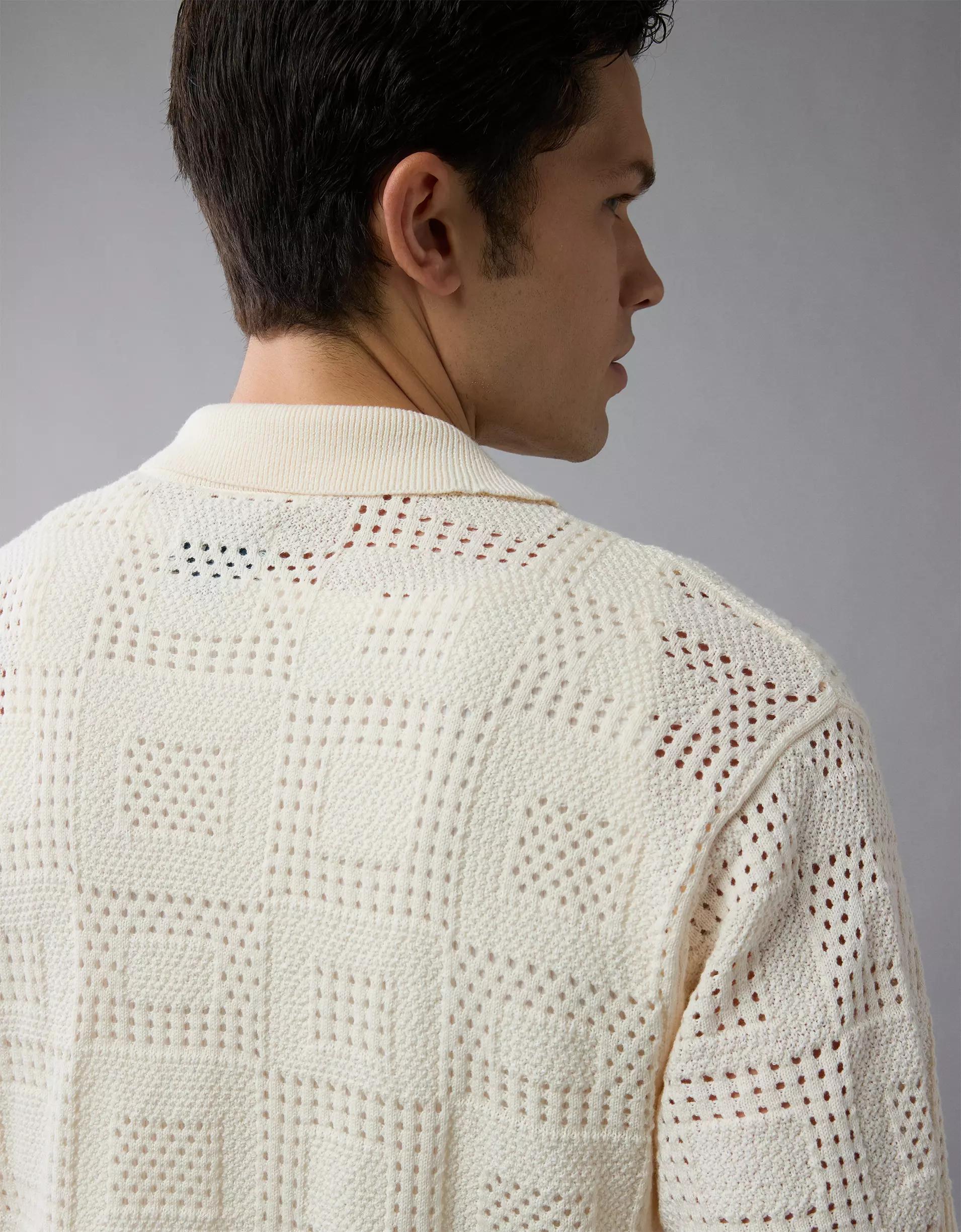 AE Weekend Textured Checkerboard Button-Up Sweater Polo Shirt Product Image