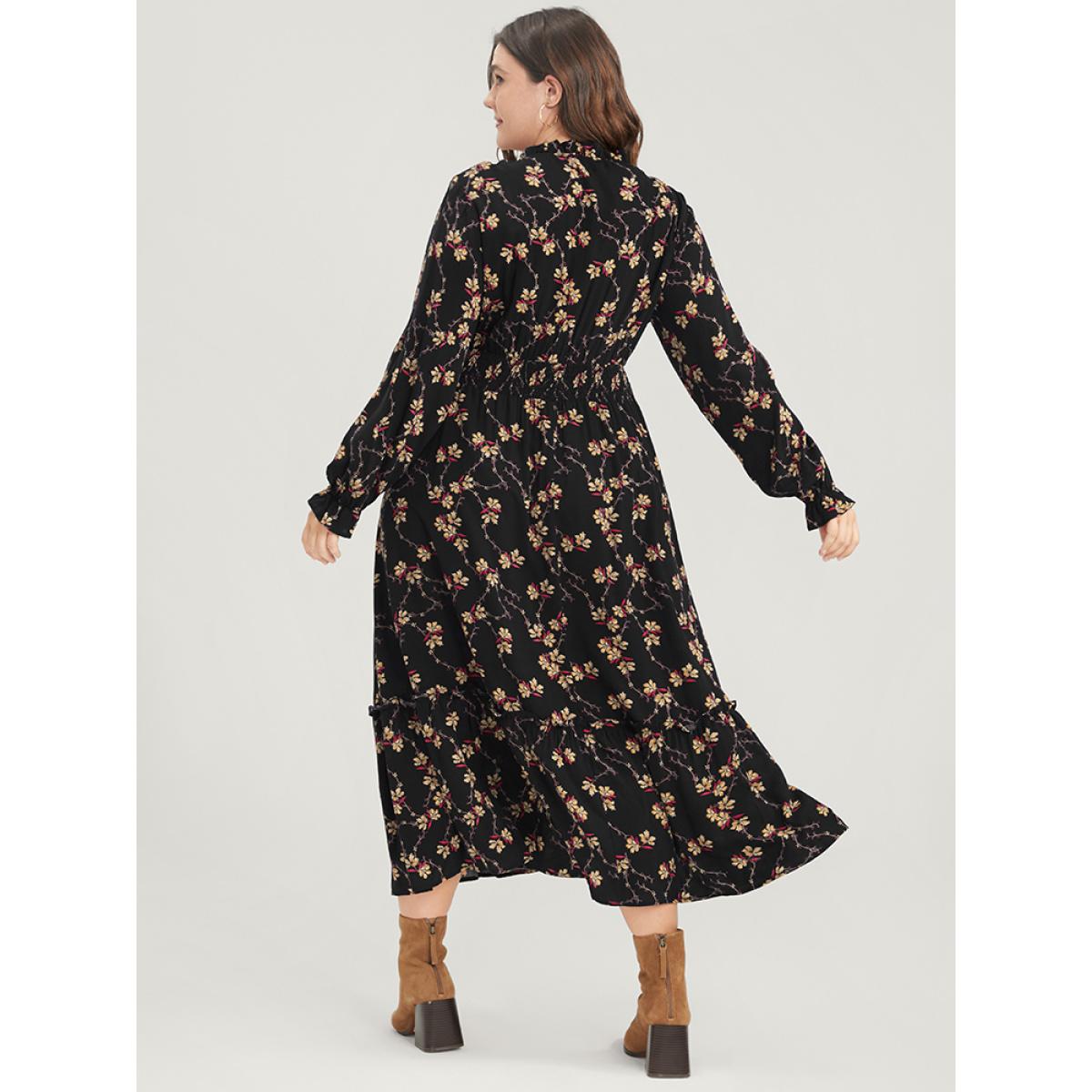 Plus Size Floral Lantern Sleeve Pocket Tie Neck Shirred Midi Dress Black Women Elegant Pocket V-neck Long Sleeve Curvy Midi Dress BloomChic 14-16/1X Product Image