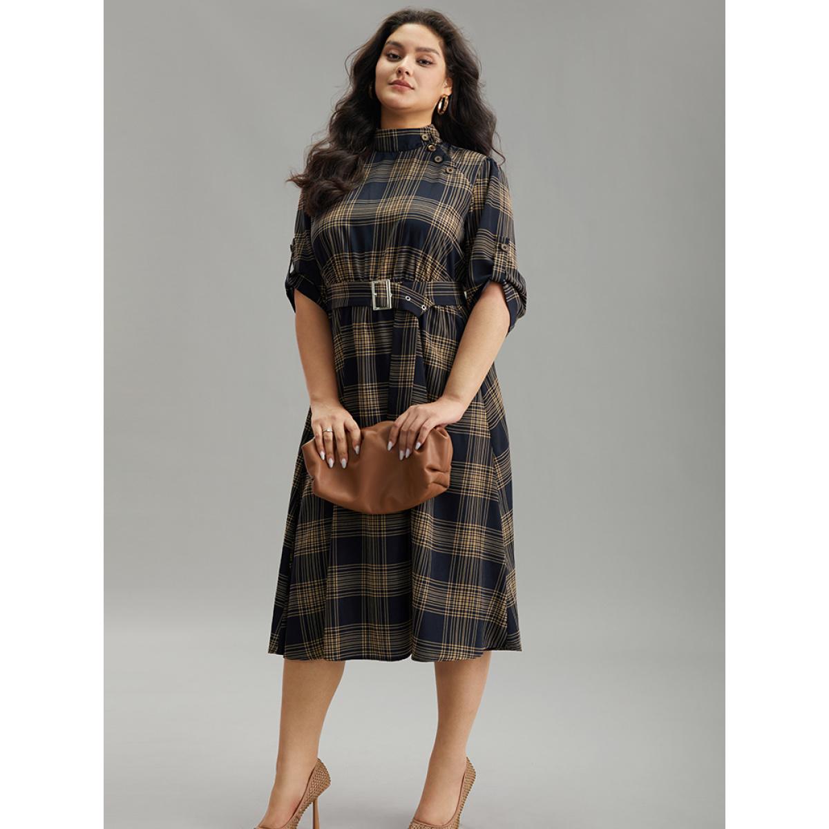 Plus Size Mock Neck Plaid Buckle Detail Belted Dress Indigo Women Office Belted Mock Neck Elbow-length sleeve Curvy Midi Dress BloomChic 10/M Product Image