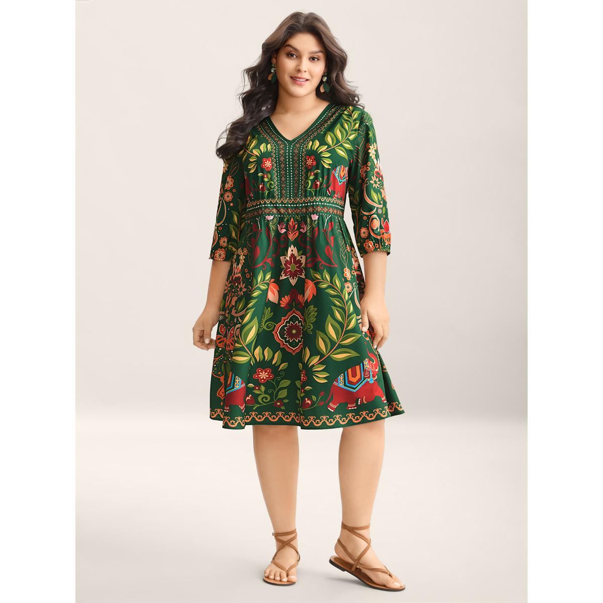 Plus Size Boho Print V-Neck Pockets Midi Dress Truegreen Women Boho Non V-neck Elbow-length sleeve Curvy BloomChic 12/L Product Image