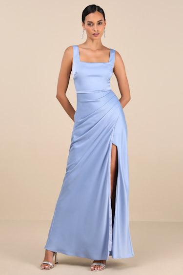 Red Carpet Romance Light Blue Satin Square Neck Maxi Dress Product Image