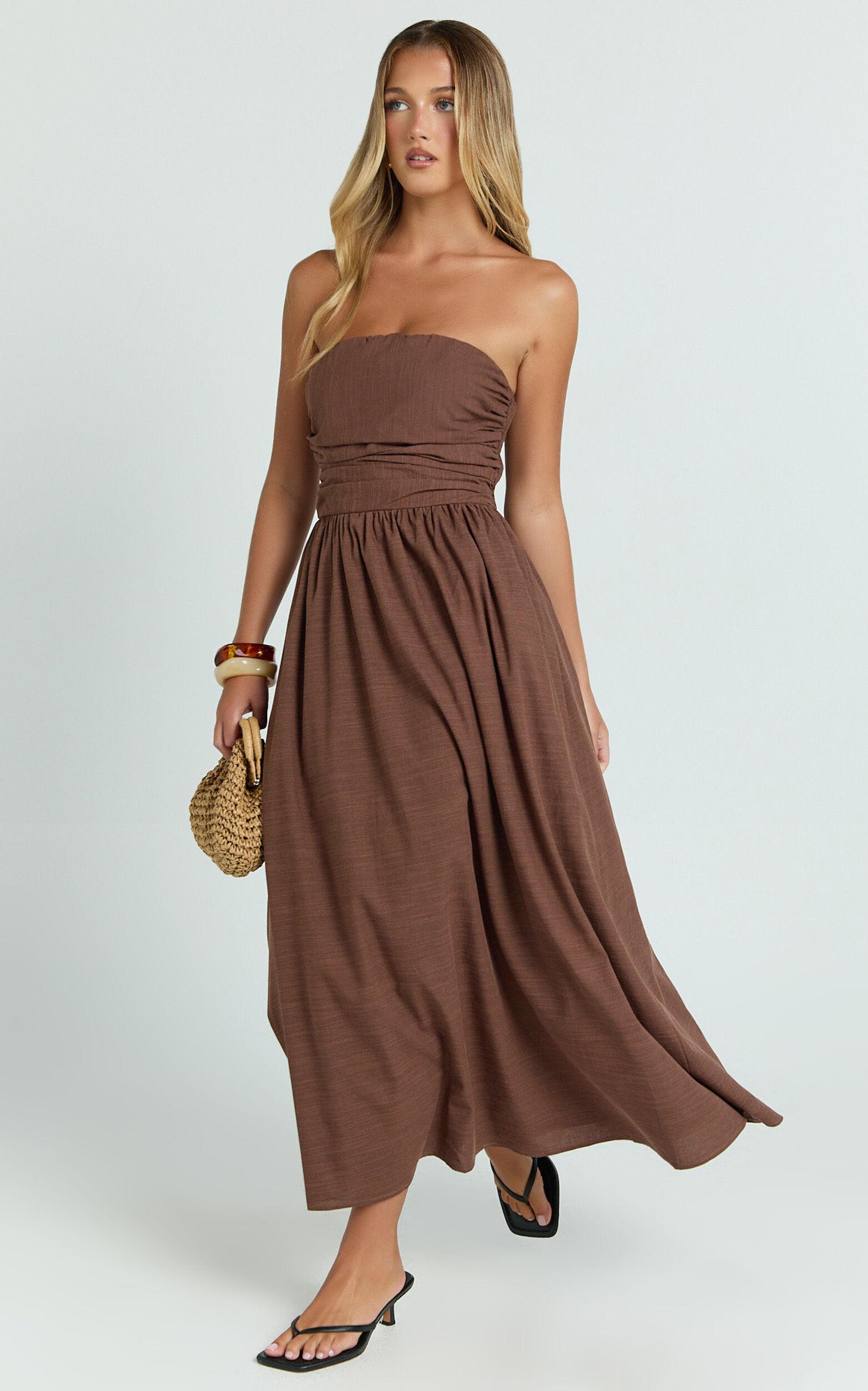 Polly Midi Dress - Strapless Ruched Dress in Chocolate Product Image
