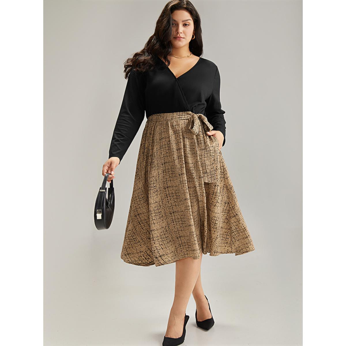 Plus Size Patchwork Pocket Belted Long Sleeve Dress Tan Women Elegant Belted V-neck Long Sleeve Curvy Midi Dress BloomChic 22-24/3X Product Image