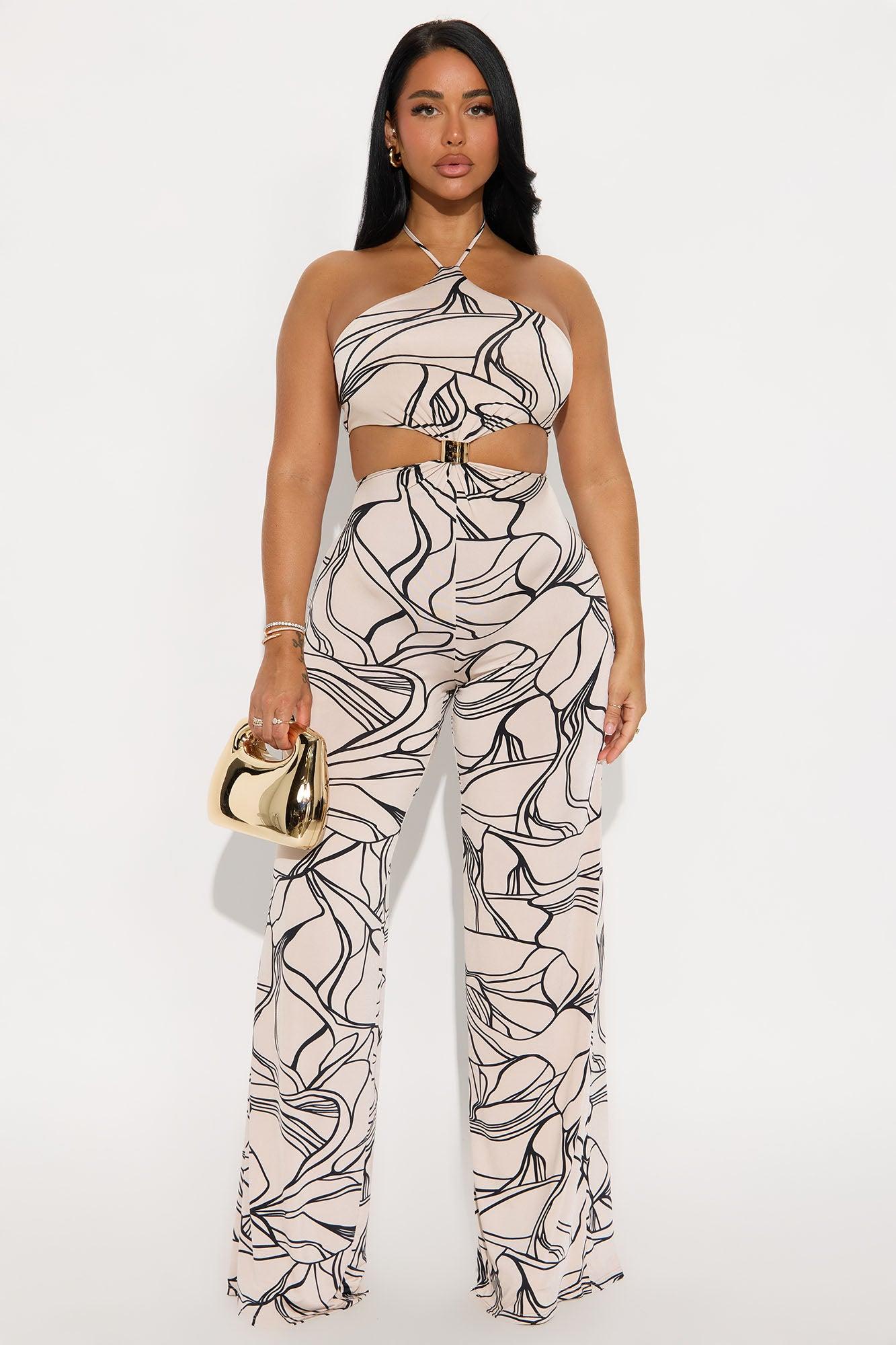 Lesly Abstract Halter Jumpsuit - Taupe/combo Female Product Image