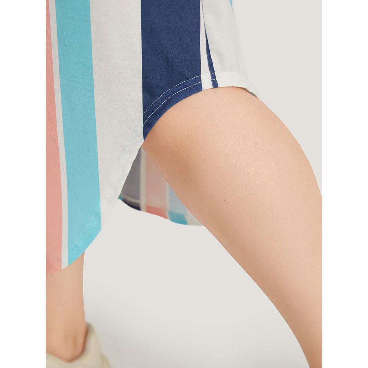 Plus Size Striped Belted V Neck Pocket Arc Hem Dress Indigo Women Casual Belted V-neck Short sleeve Curvy Midi Dress BloomChic 14-16/1X Product Image