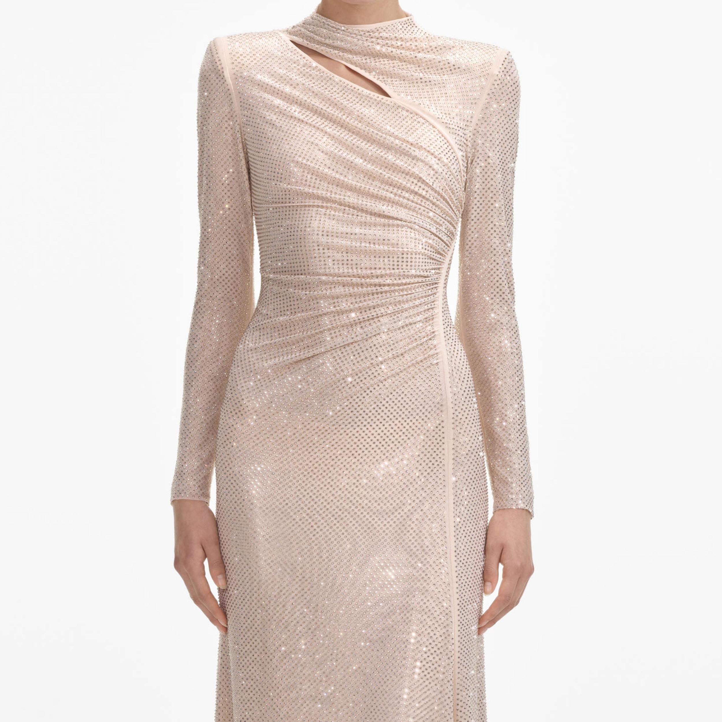 Gold Rhinestone Mesh Cut Out Maxi Dress Product Image