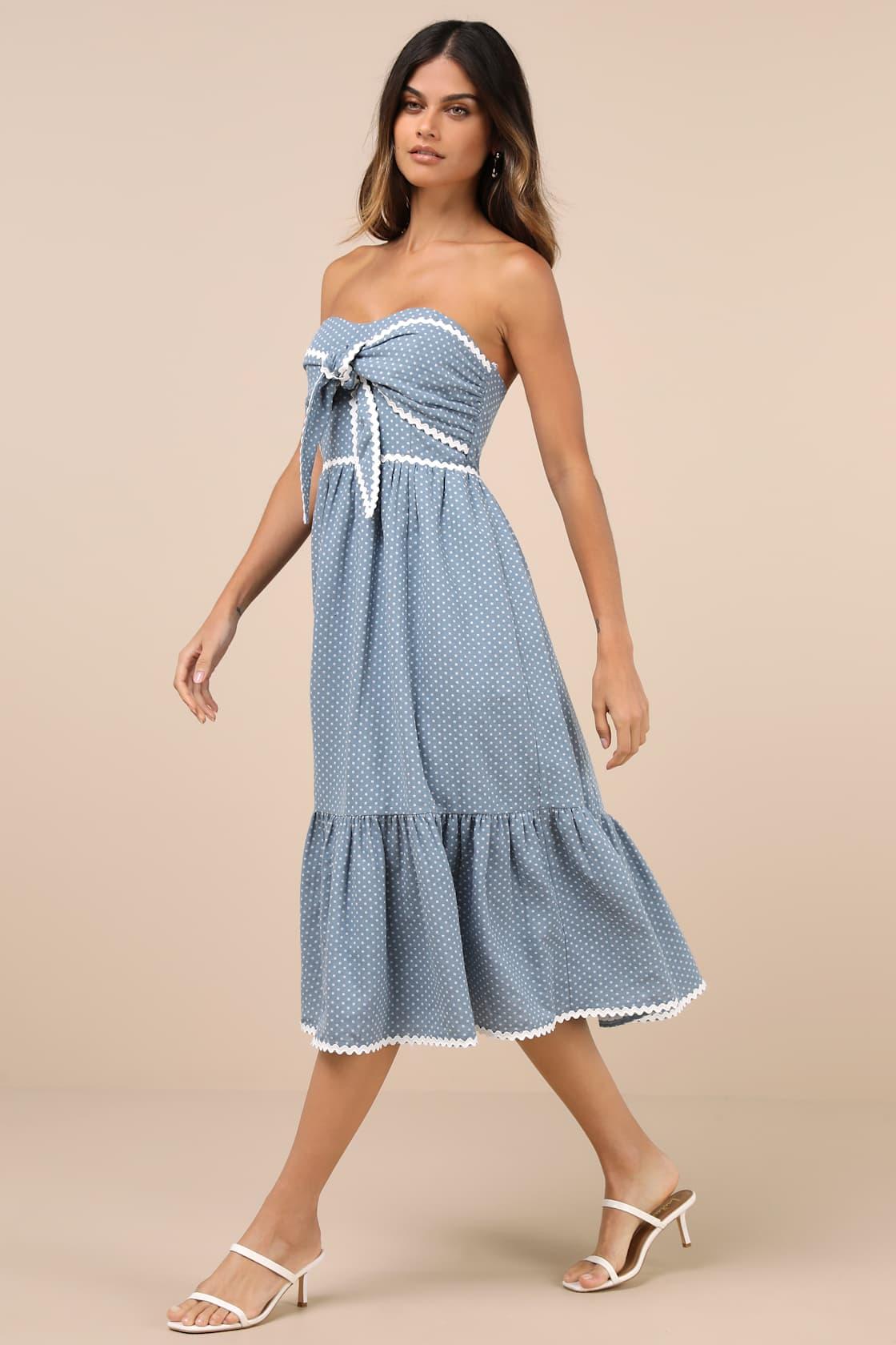 Delightful Design Dusty Blue Polka Dot Midi Dress With Pockets Product Image