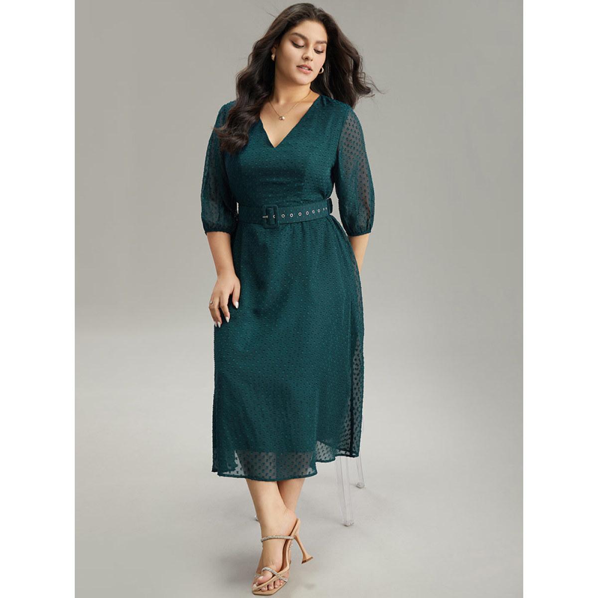 Plus Size Solid Texture Pocket Belted Mesh Patchwork Dress Aegean Women Glamour Elastic cuffs V-neck Elbow-length sleeve Curvy Midi Dress BloomChic 18-20/2X Product Image
