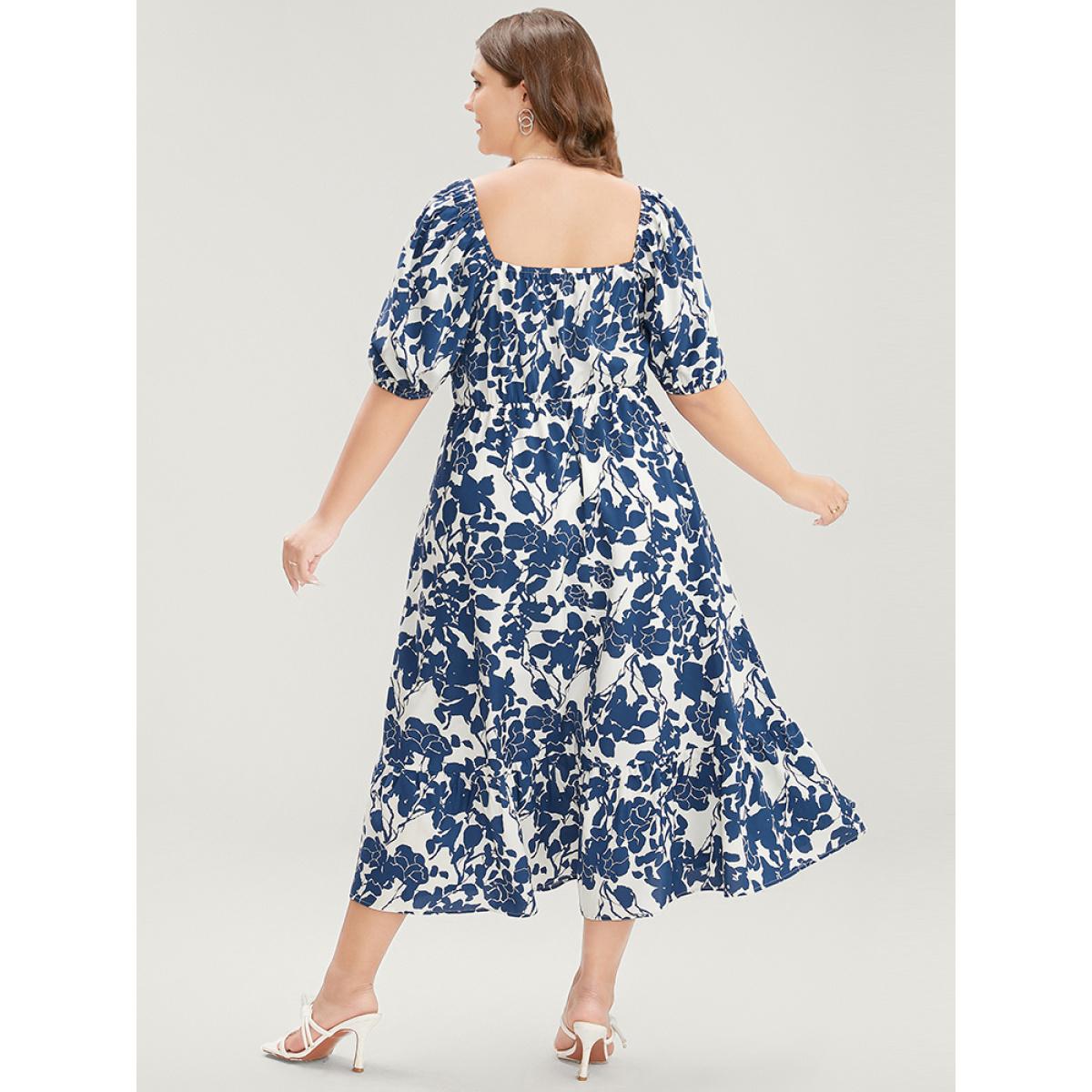 Plus Size Floral Print Pocket Puff Sleeve Ruched Pocket Ruffle Hem Dress DarkBlue Women Elegant Pocket V-neck Short sleeve Curvy Midi Dress BloomChic 30/6X Product Image