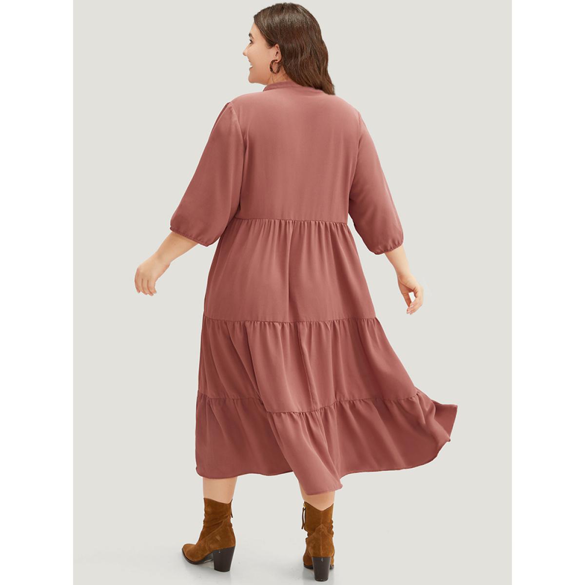 Plus Size Solid Notched Lantern Sleeve Layered Hem Dress Salmon Women Casual Elastic cuffs Notched collar Elbow-length sleeve Curvy Midi Dress BloomChic 14-16/1X Product Image