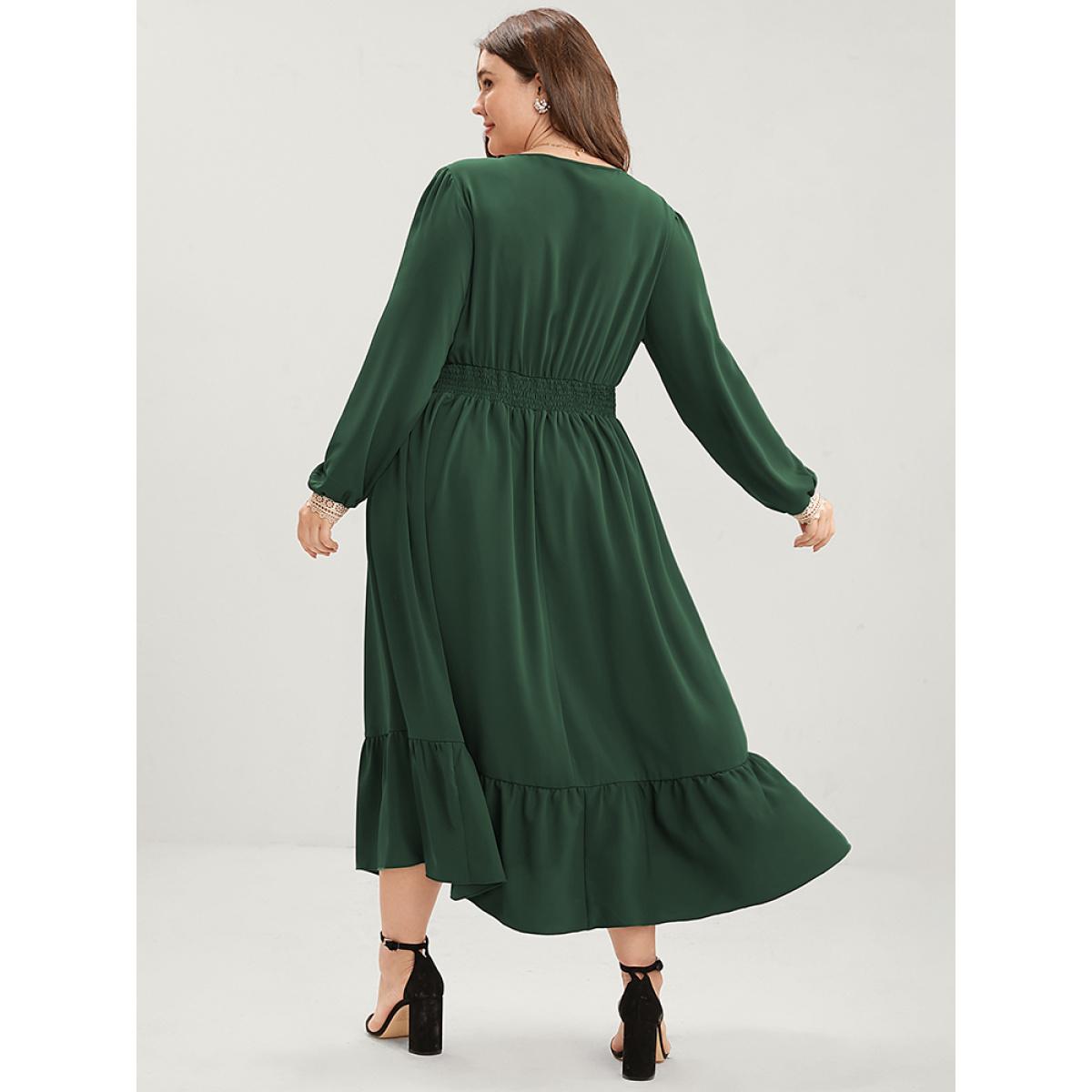 Plus Size Solid Lantern Sleeve Shirred Pocket Lace Trim Ruffle Hem Dress Green Women Elegant Patchwork V-neck Long Sleeve Curvy Midi Dress BloomChic 10/M Product Image