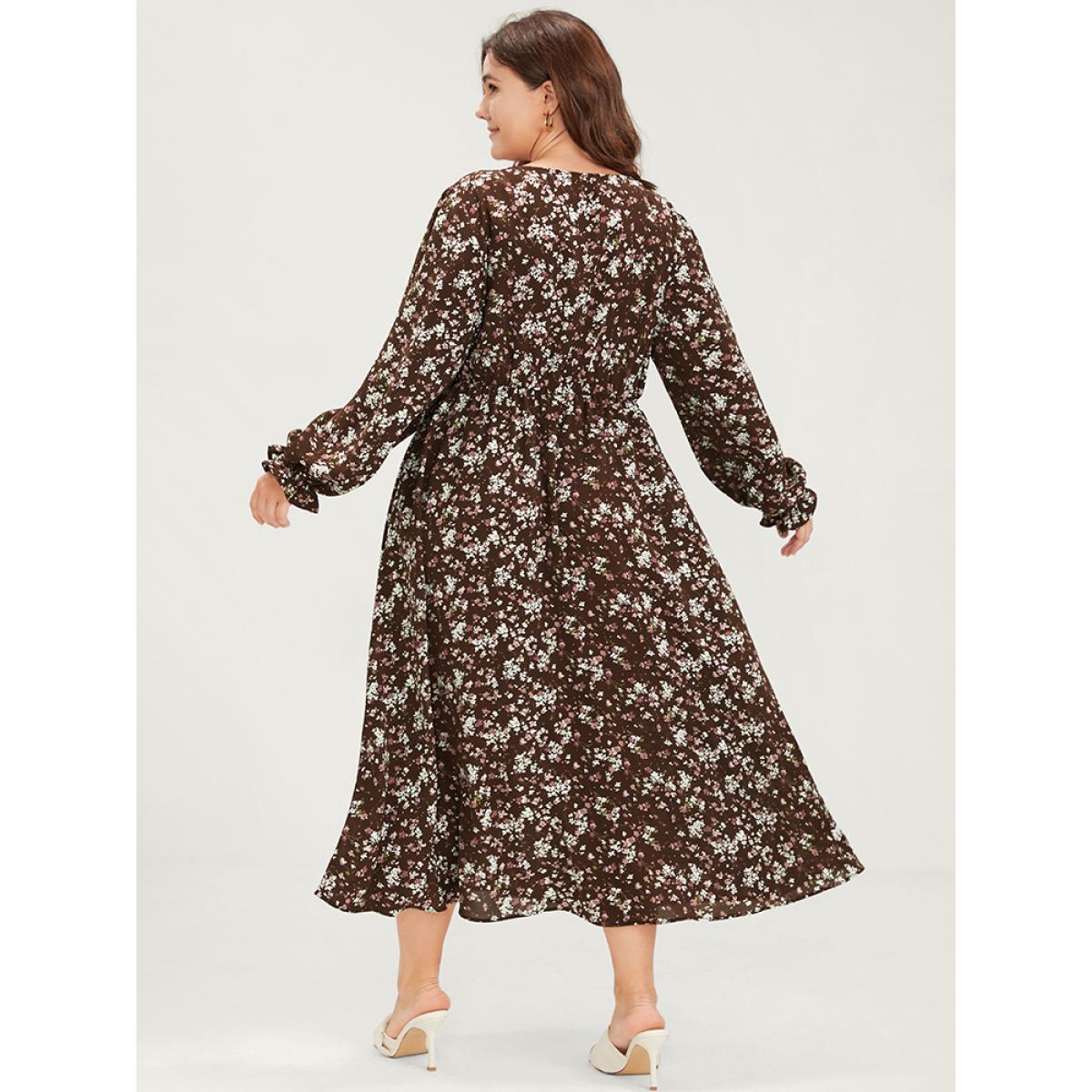 Plus Size Floral Split Pocket Lantern Sleeve Wrap Flutter Midi Dress DarkBrown Women Elegant Elastic Waist V-neck Long Sleeve Curvy Midi Dress BloomChic 30/6X Product Image