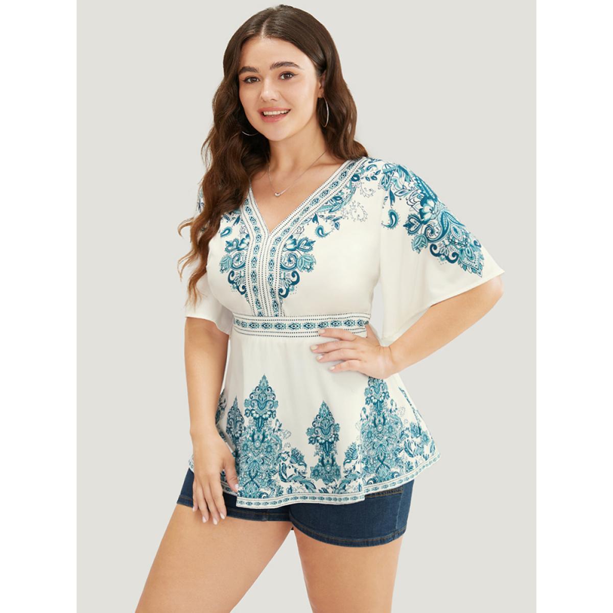 Plus Size Cerulean Bandana Print Ruffles Elastic Waist Blouse Women Vacation Short sleeve V-neck Dailywear Blouses BloomChic 22-24/3X Product Image