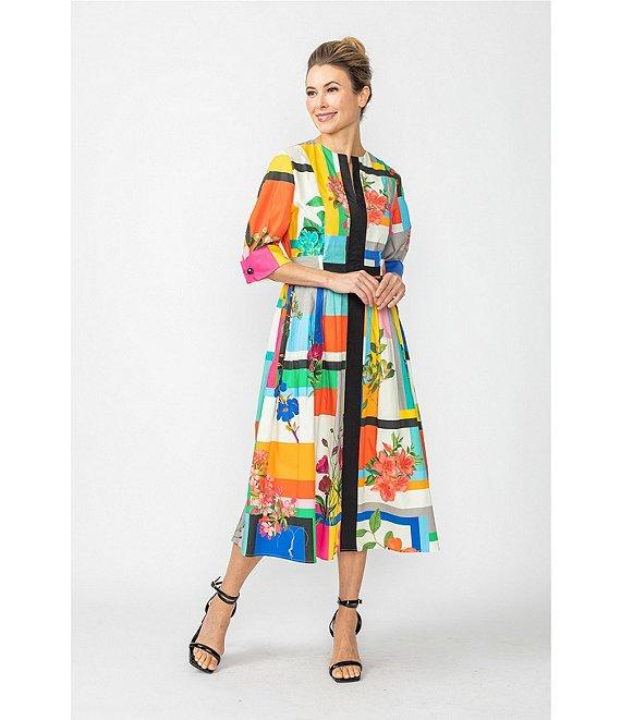 IC Collection Color Block Floral Print Split Crew Neck Elbow Sleeve Midi Dress Product Image