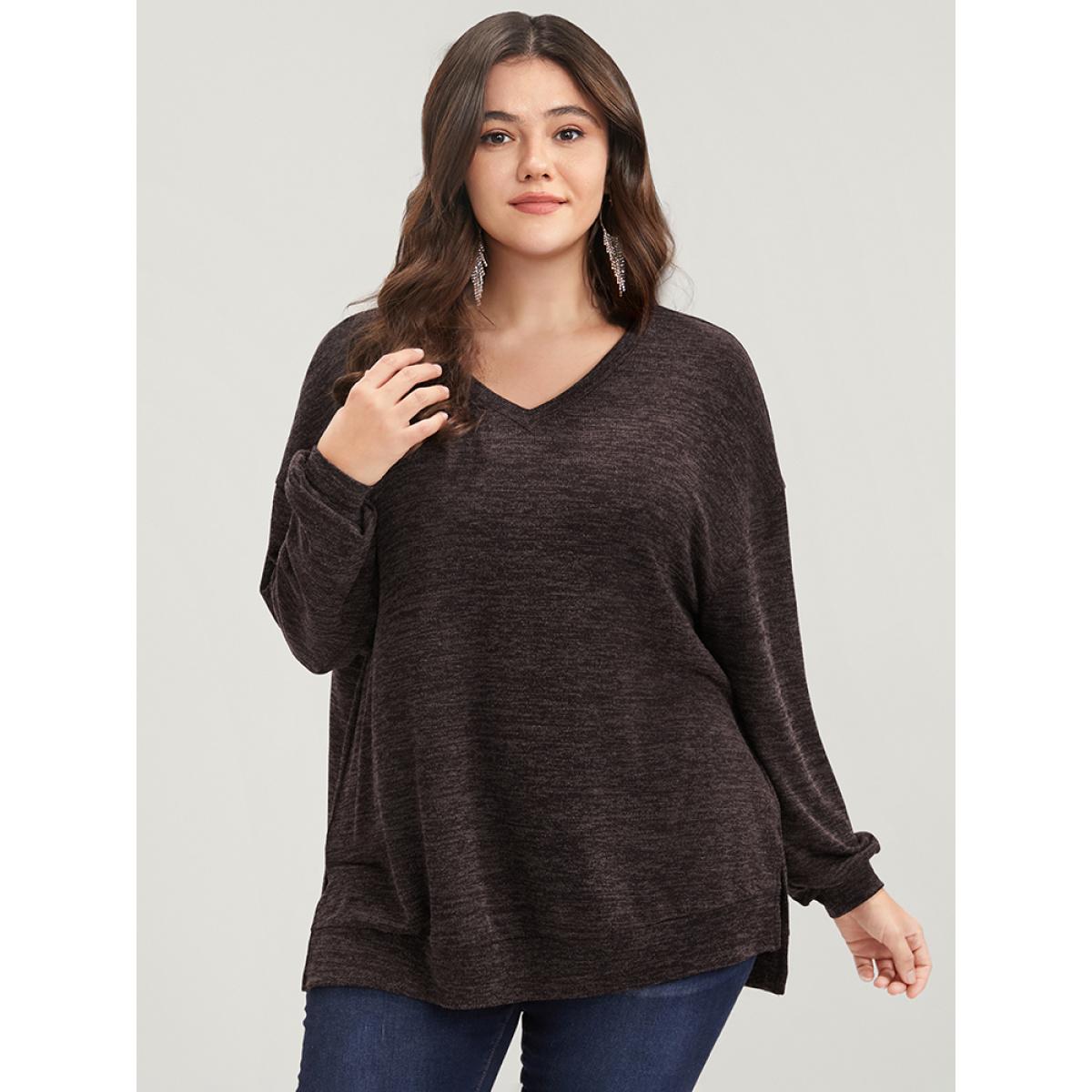 Plus Size Solid Split Asymmetrical Hem V Neck Sweatshirt Women DarkBrown Casual Asymmetrical V-neck Dailywear Sweatshirts BloomChic 14-16/1X Product Image