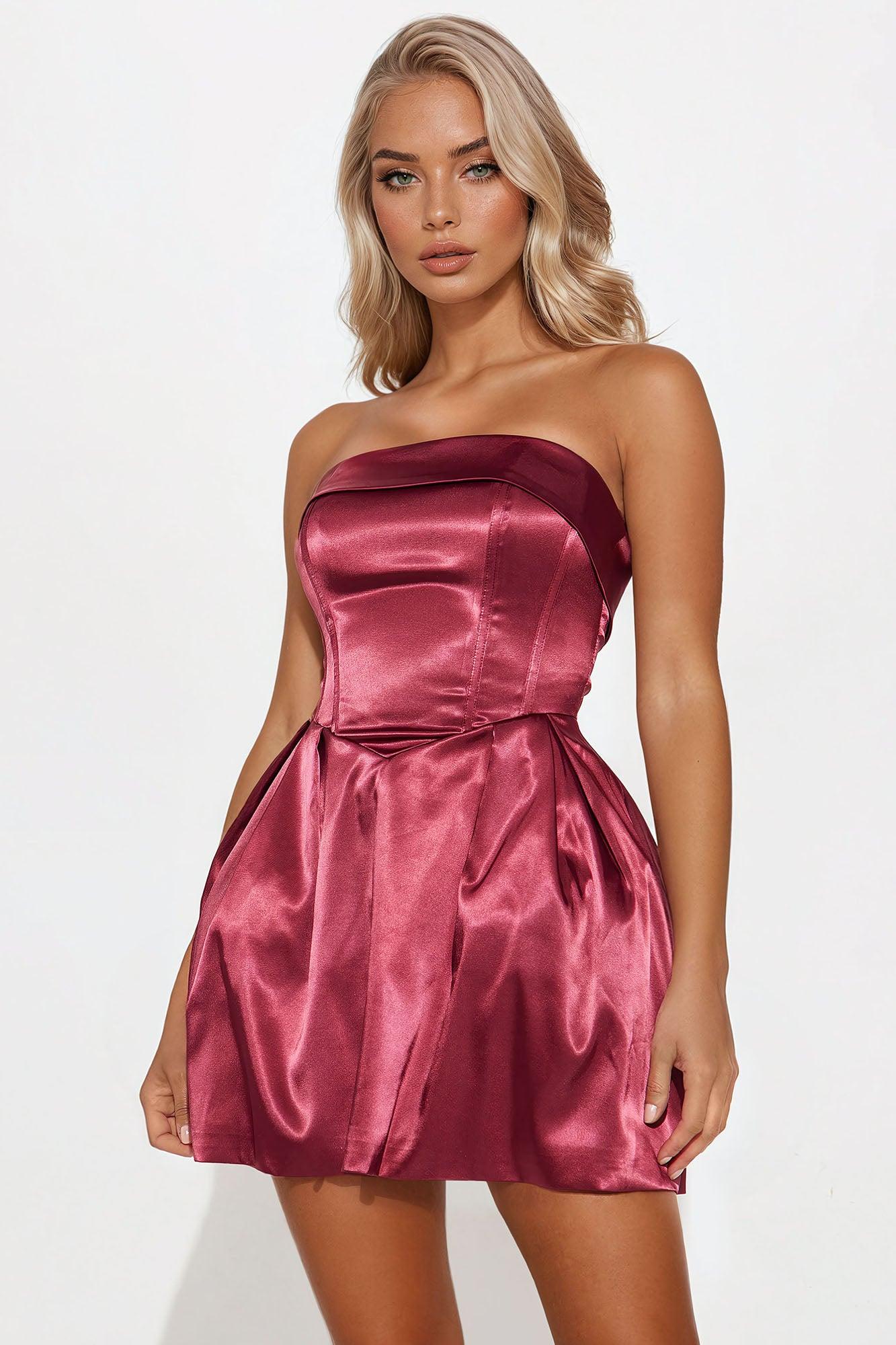 Princess Material Stretch Satin Mini Dress - Wine Product Image