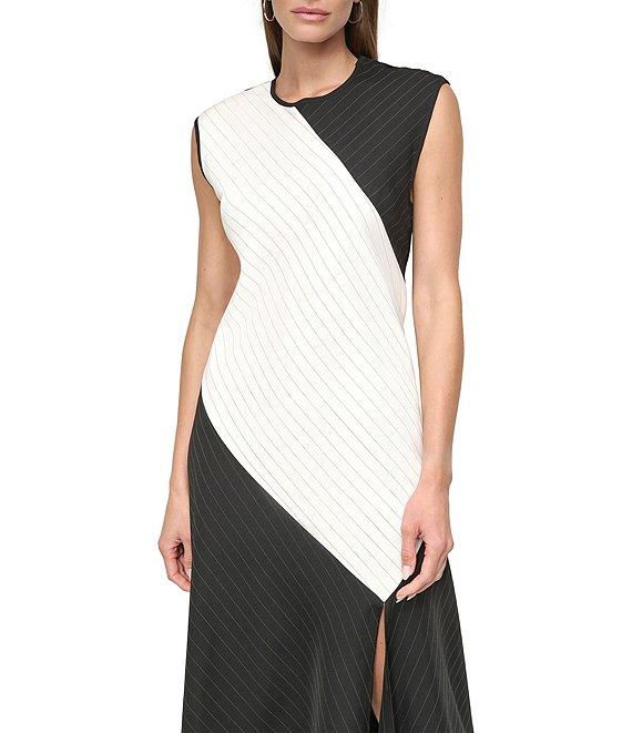 DKNY by Donna Karan Woven Colorblock Stripe Print Crew Neck Sleeveless Fit and Flare Midi Dress Product Image