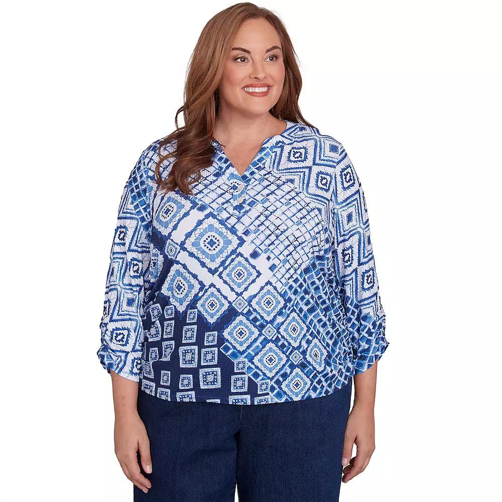 Plus Size Alfred Dunner Ikat Patched Geometric Top, Women's, Size: 2XL, Blue Team Product Image
