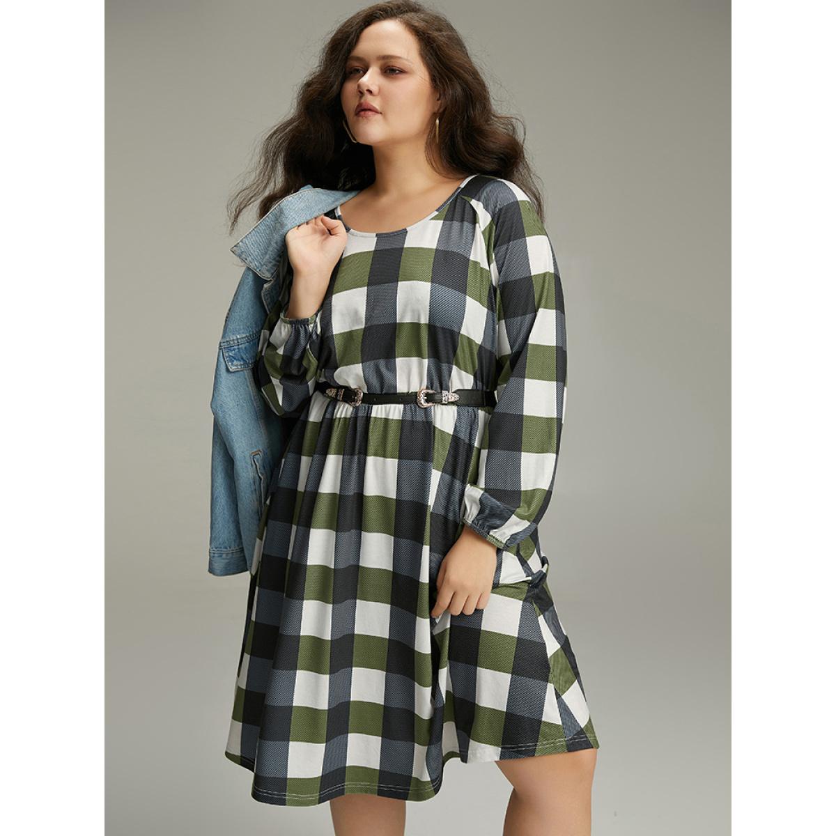 Plus Size Plaid Lantern Sleeve Ruffle Hem Dress DimGray Women Casual Elastic cuffs Scoop Neck Long Sleeve Curvy Midi Dress BloomChic 12/L Product Image