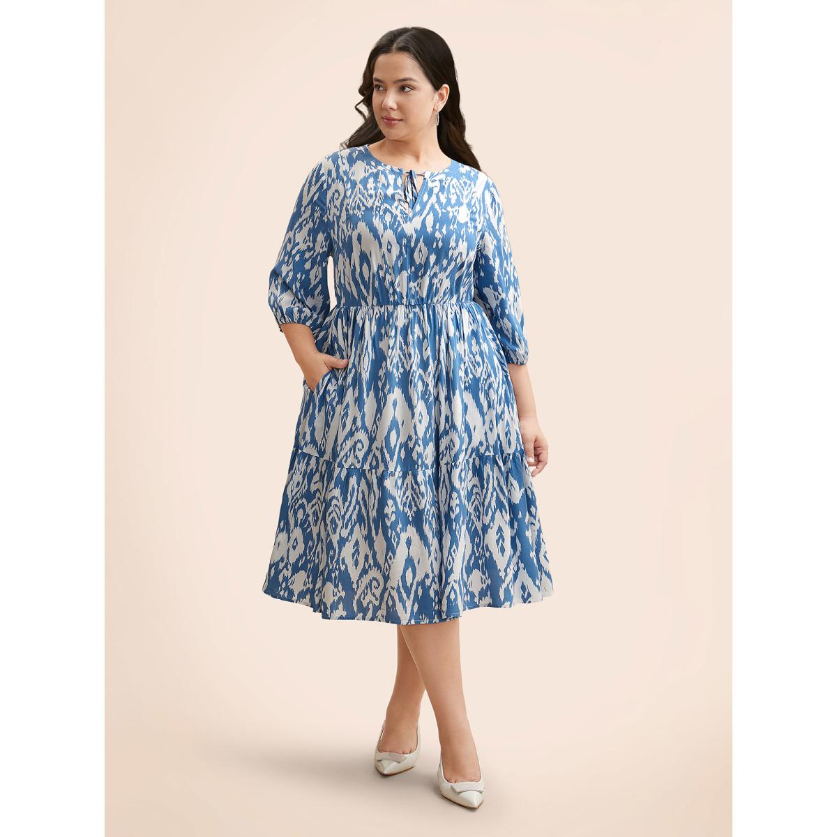 Plus Size Damask Print Tie Knot Puff Sleeve Dress Skyblue Women Resort Tie knot V-neck Elbow-length sleeve Curvy BloomChic 22-24/3X Product Image