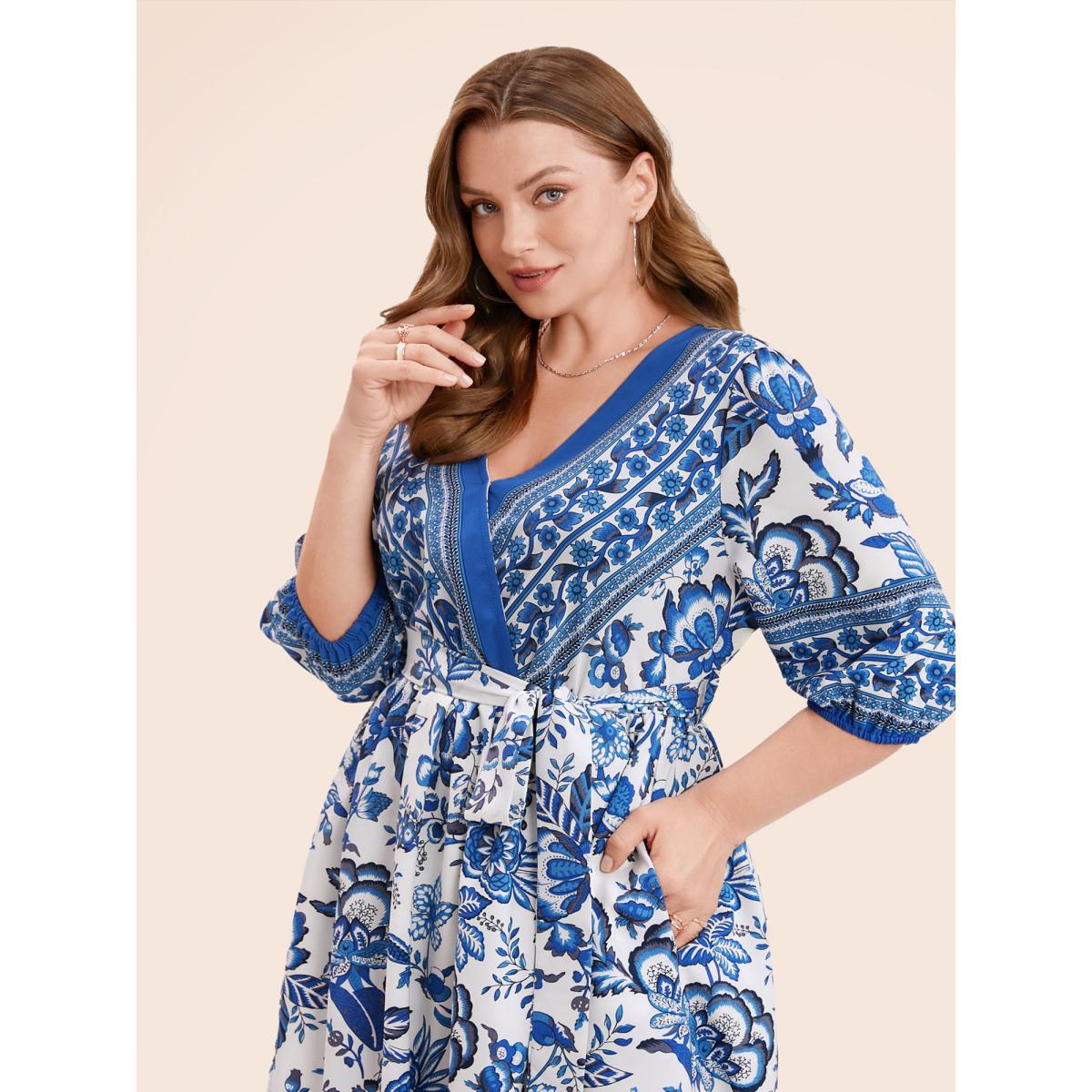 Plus Size Bandana Print Surplice Neck Lantern Sleeve Pocket Belted Midi Dress Blue Women Resort Non V-neck Half Sleeve Curvy Midi Dress BloomChic 30/6X Product Image