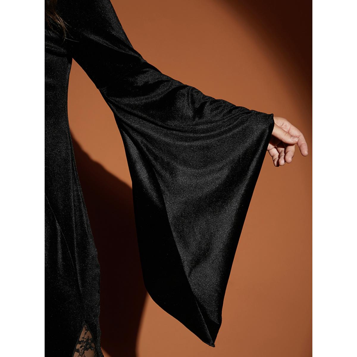 Plus Size Halloween Bell Sleeve Velvet Lace Insert Maxi Dress Black Women Party Slit V-neck Long Sleeve Curvy Long Dress BloomChic 14-16/1X Product Image