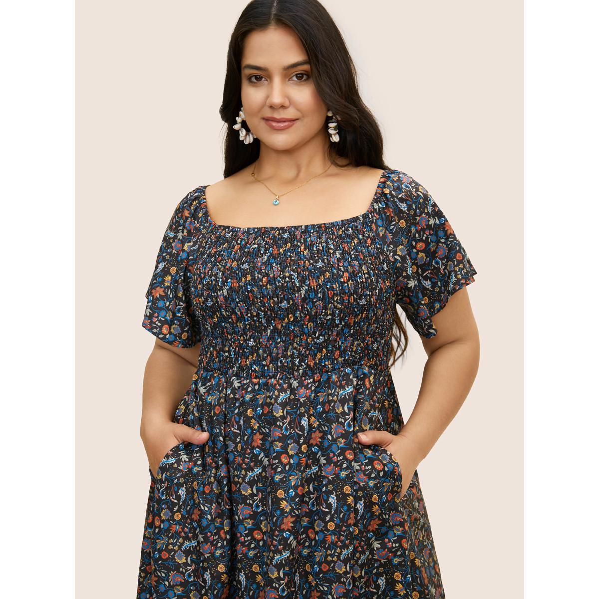 Plus Size Bandana Print Shirred Ruffle Sleeve Midi Dress Black Women Resort Shirred Square Neck Short sleeve Curvy BloomChic 14-16/1X Product Image