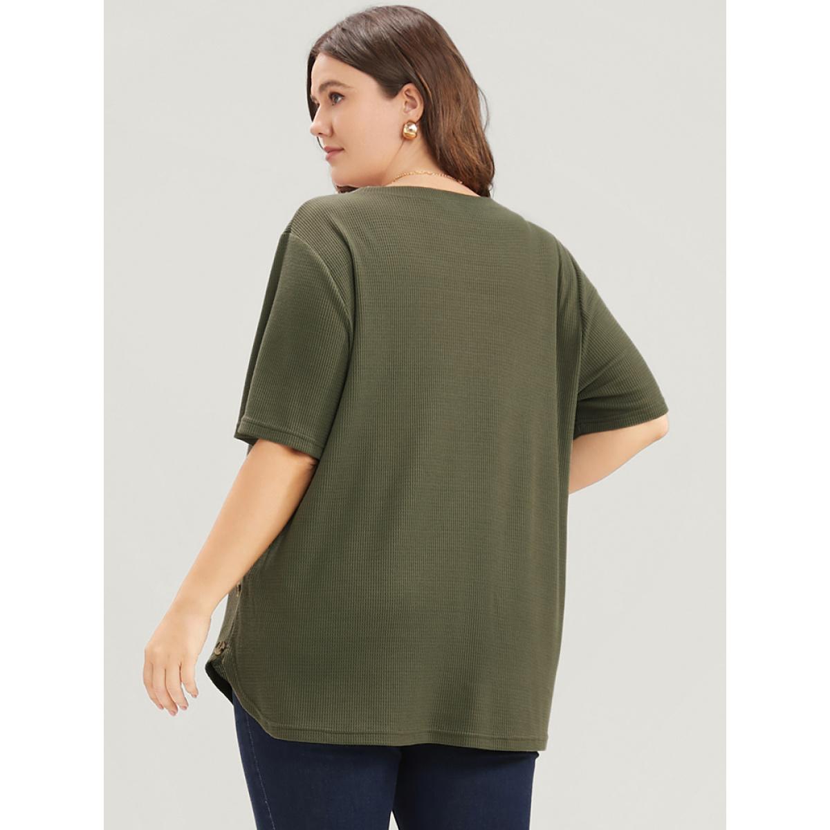 Plus Size Plain Round Neck Button Detail Waffle Knit Tee ArmyGreen Women Casual Button Plain Round Neck Dailywear T-shirts BloomChic 14-16/1X Product Image