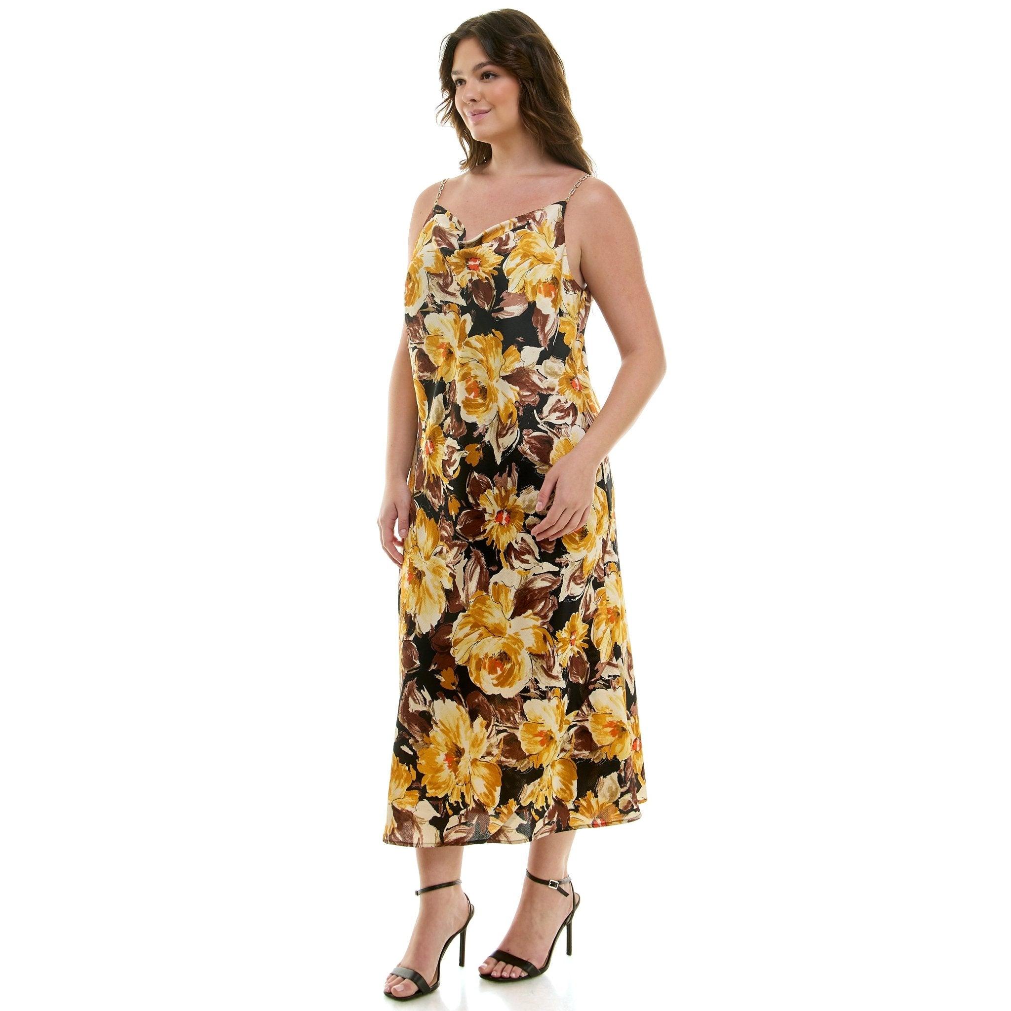 Detachable Chain Trim Strap Cowl Neck Dress, Gold/Olive/Ivory - Plus Product Image