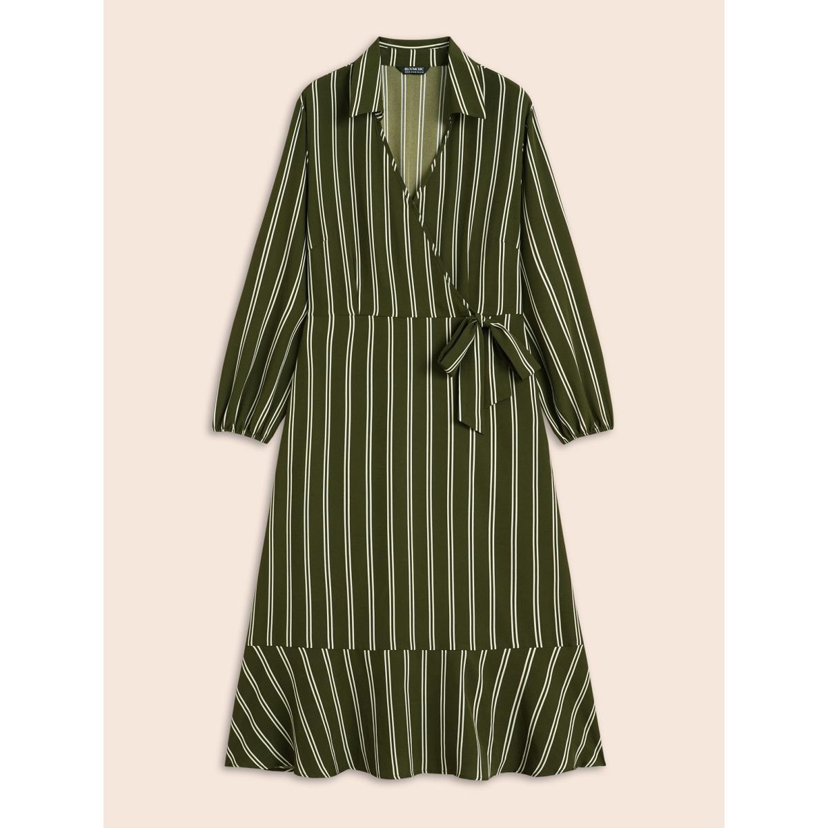 Plus Size Striped Tie Knot Lantern Sleeve Dress ArmyGreen Women Elegant Overlapping Shirt collar Long Sleeve Curvy BloomChic 26/4X Product Image