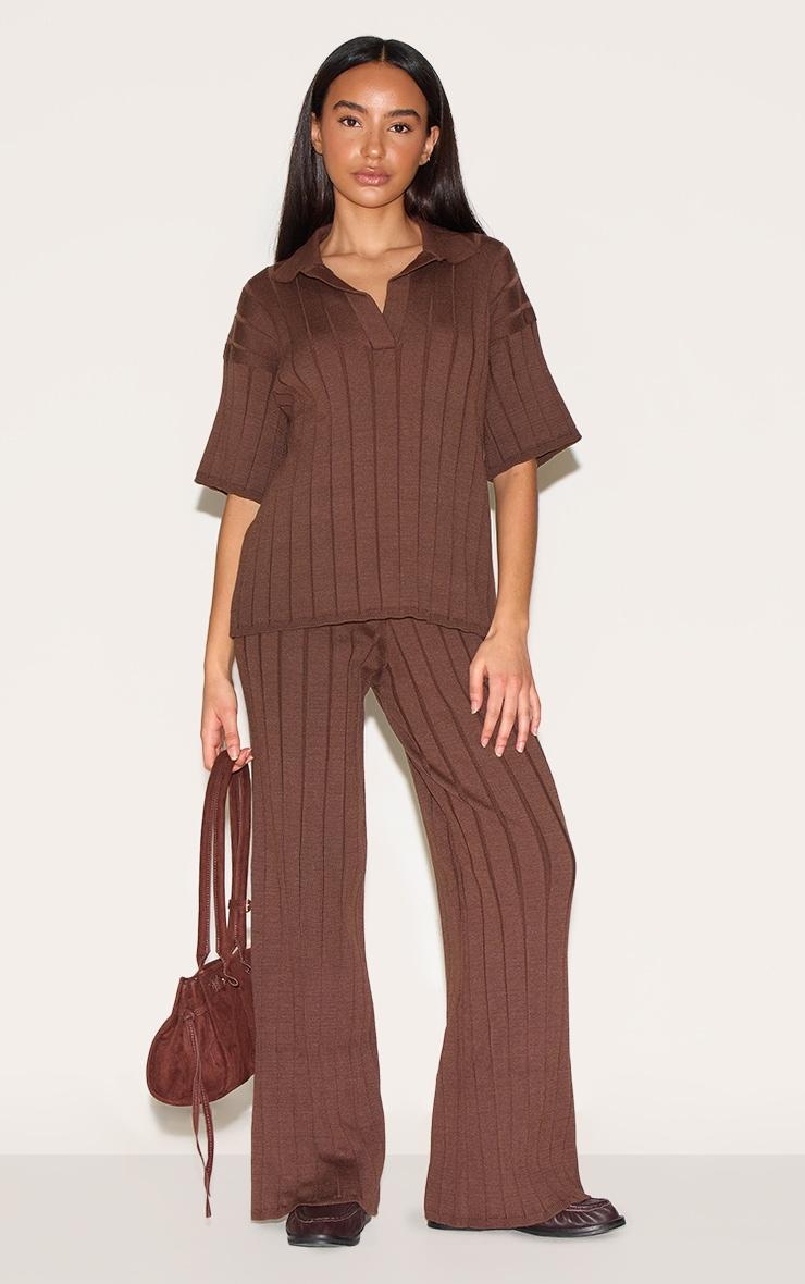 Petite Chocolate Rib Knit Oversized Polo Top Product Image