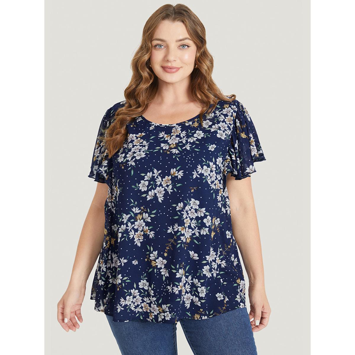 Plus Size Indigo Floral Printed Ruffle Sleeve Round Neck Blouse Women Elegant Short sleeve Round Neck Dailywear Blouses BloomChic 26/4X Product Image