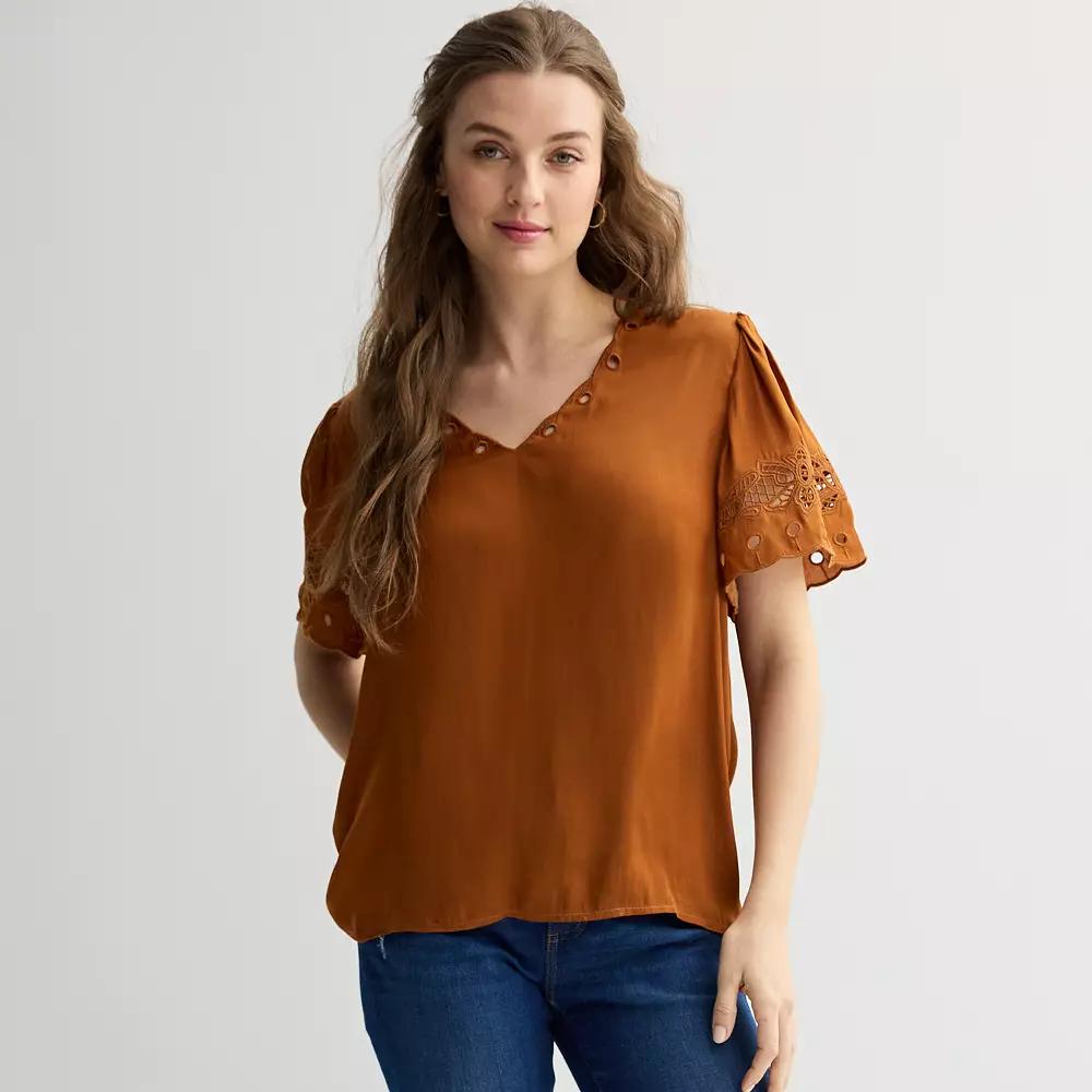 Women's Chelsea & Theodore Short Sleeve V-Neck Eyelet Blouse, Size: Small, Caramel Brown Product Image