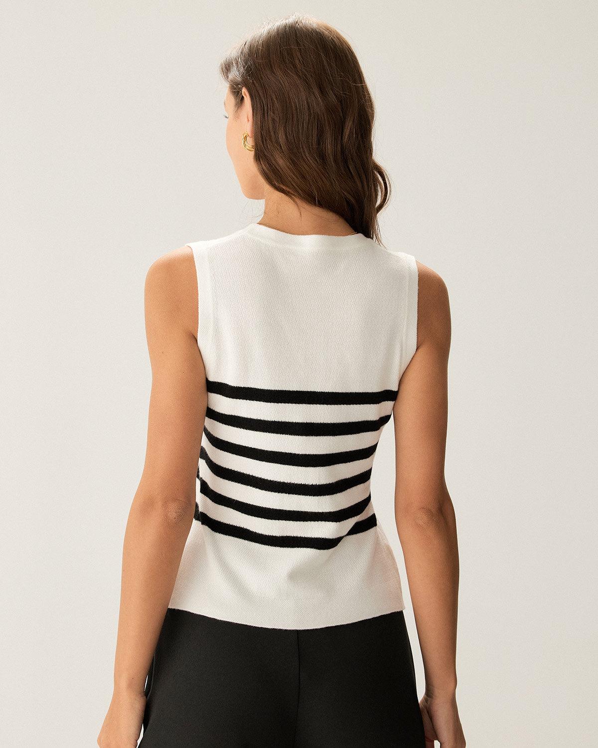 White Striped Button Knit Tank Top Product Image