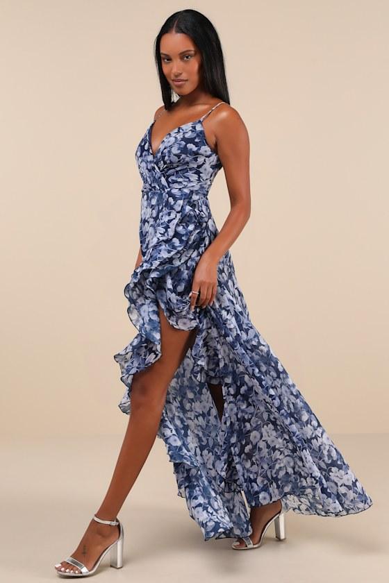 Illustrious Aura Navy Blue Floral Ruffled Surplice Maxi Dress Product Image