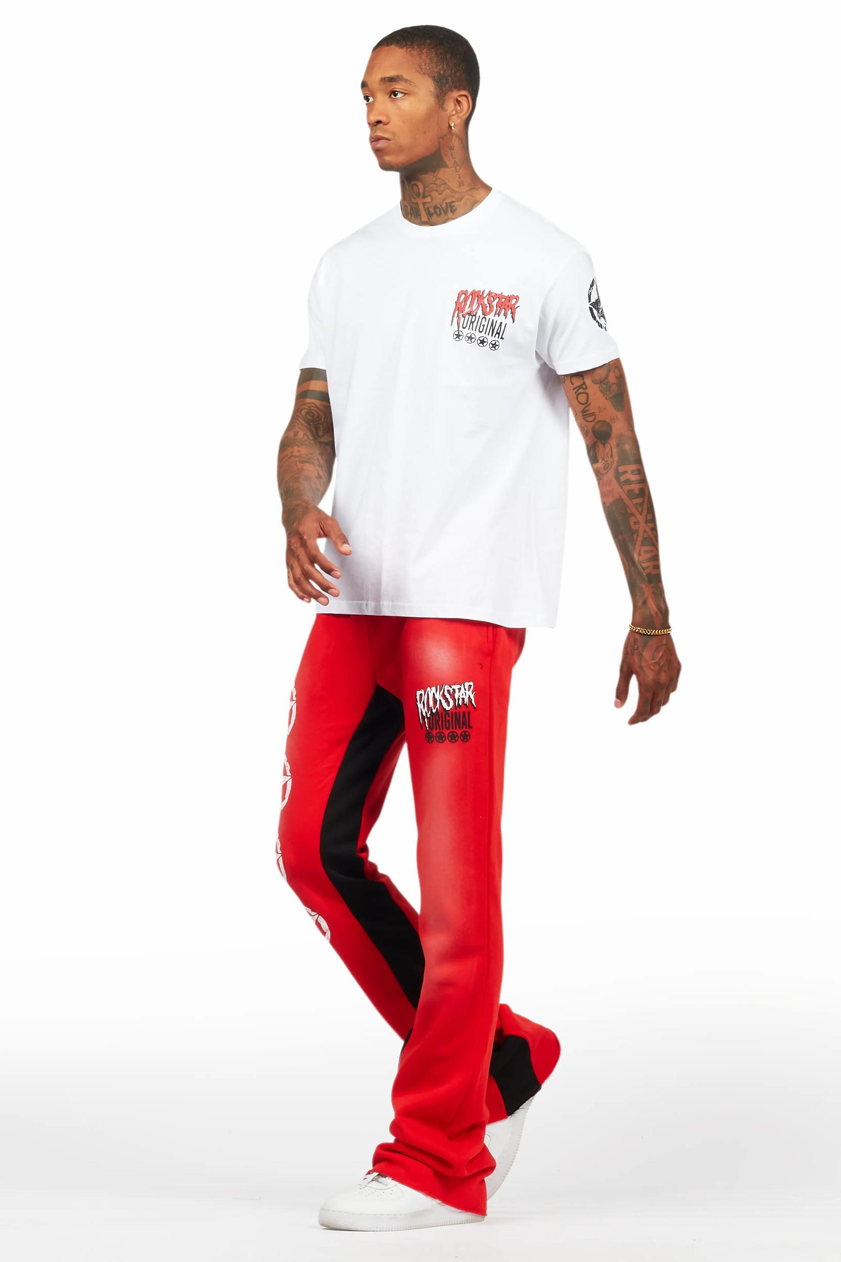 Wizzurd White/Red T-Shirt/Stacked Baggy Track Pant Set Male Product Image
