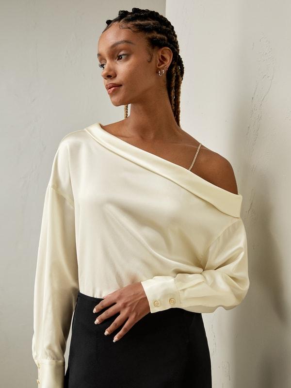 LILYSILK Women's Chic Silk Charmeuse One-Shoulder Party Top with Chain Lily White L Product Image