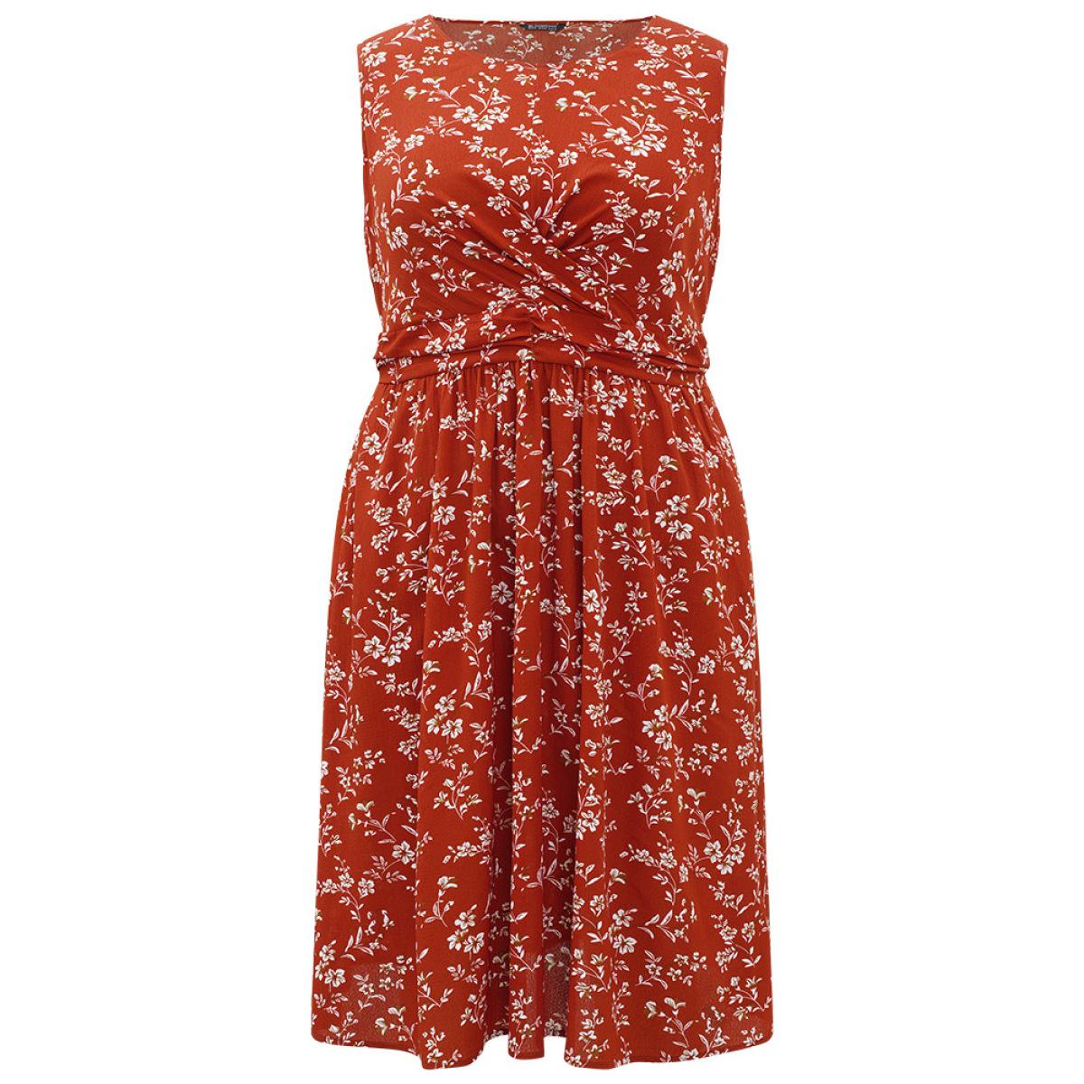Plus Size Ditsy Floral Crossover Crew Neck Pocket Sleeveless Dress Red Women Elegant Printed Round Neck Sleeveless Curvy Midi Dress BloomChic 14-16/1X Product Image