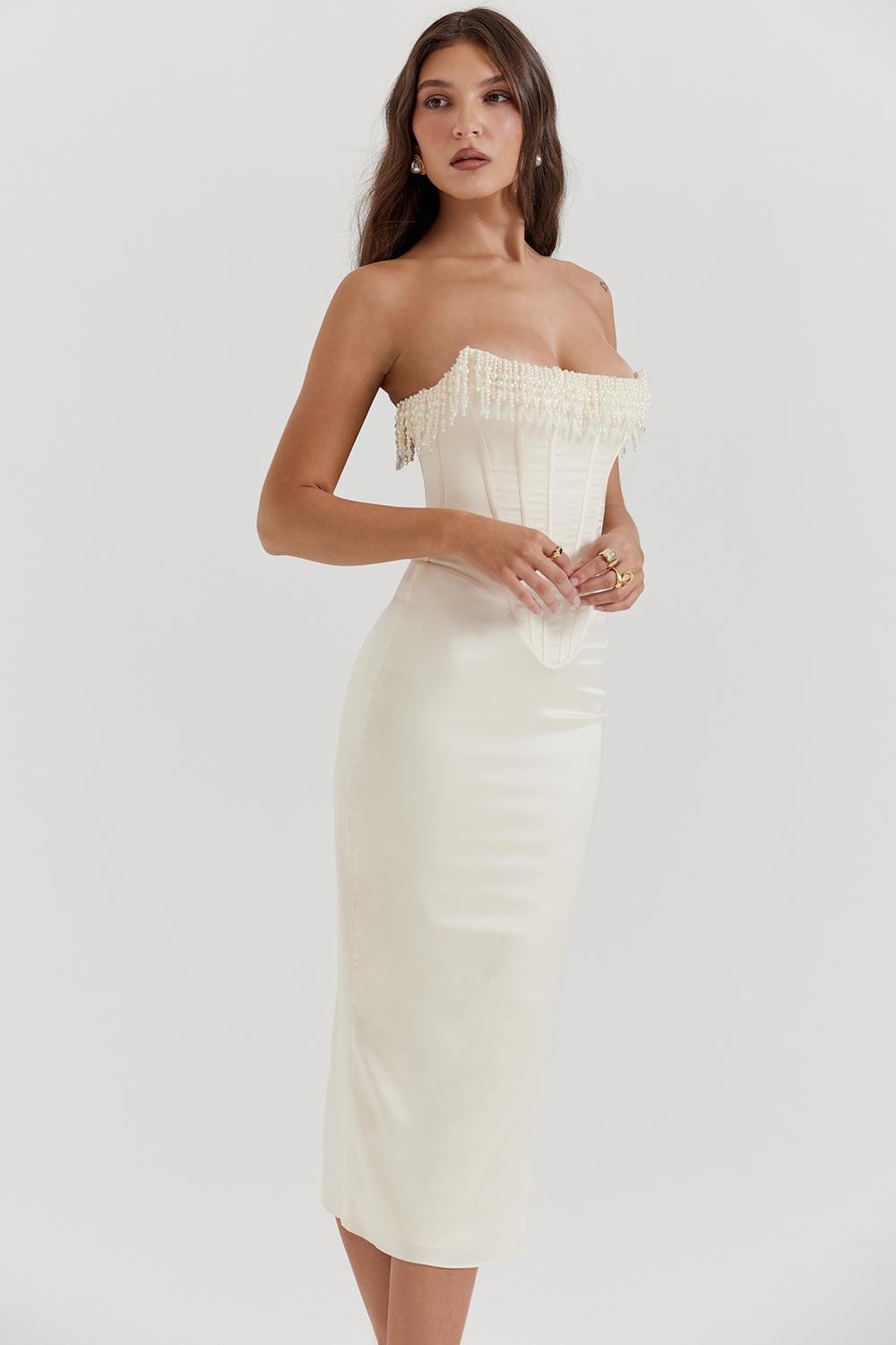 Nalita  vintage cream embellished strapless dress Product Image