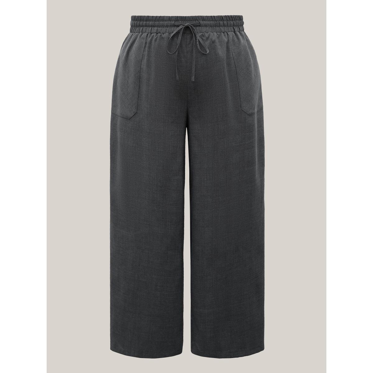 Plus Size Waist Drawstring Plaid Wide Leg Pants Women Black At the Office Wide Leg Mid Rise Work Pants BloomChic 18-20/2X Product Image