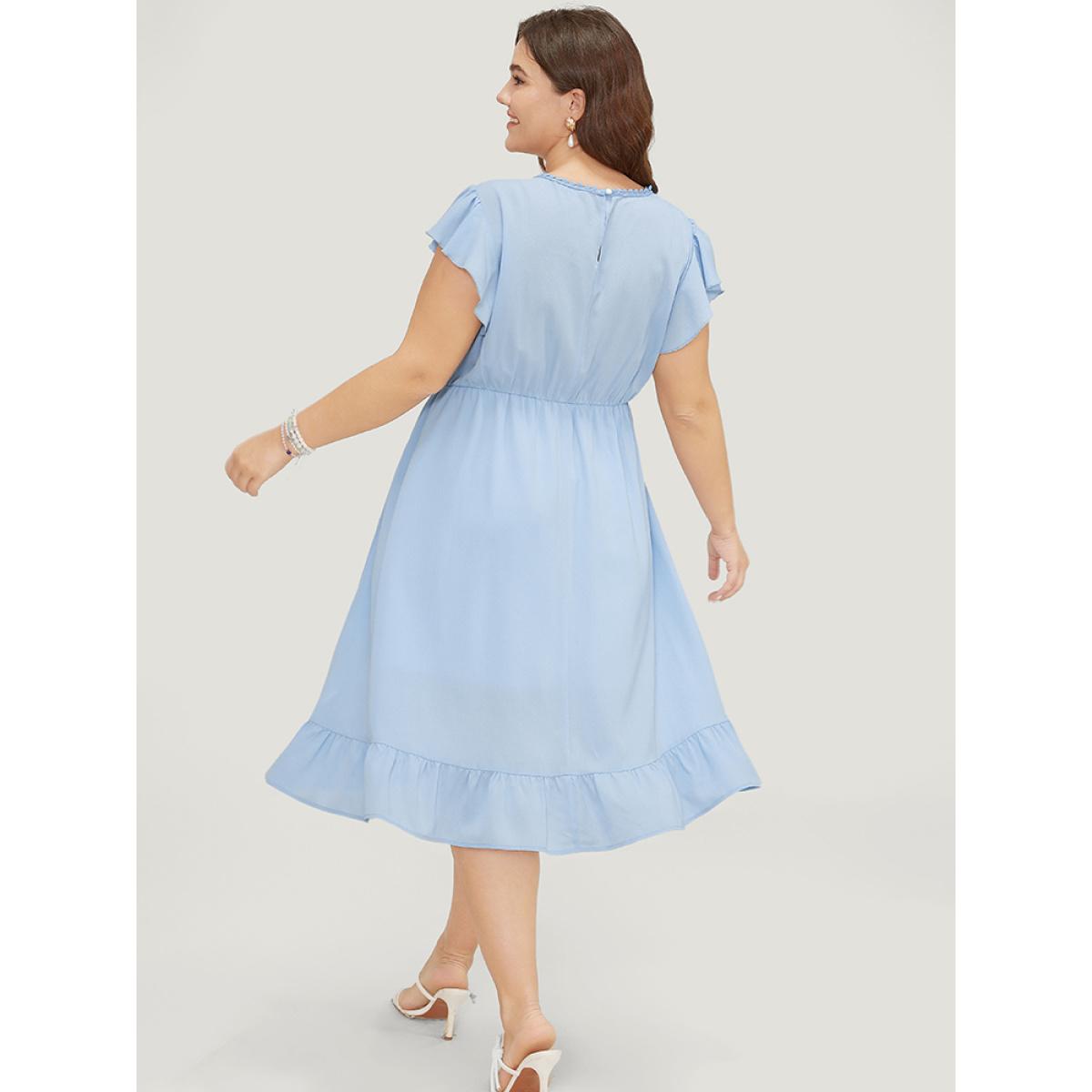 Plus Size Plain Butterfly Lace Cap Sleeve Pocket Ruffle Hem Dress LightBlue Women Office Lined Round Neck Cap Sleeve Curvy Midi Dress BloomChic 14-16/1X Product Image