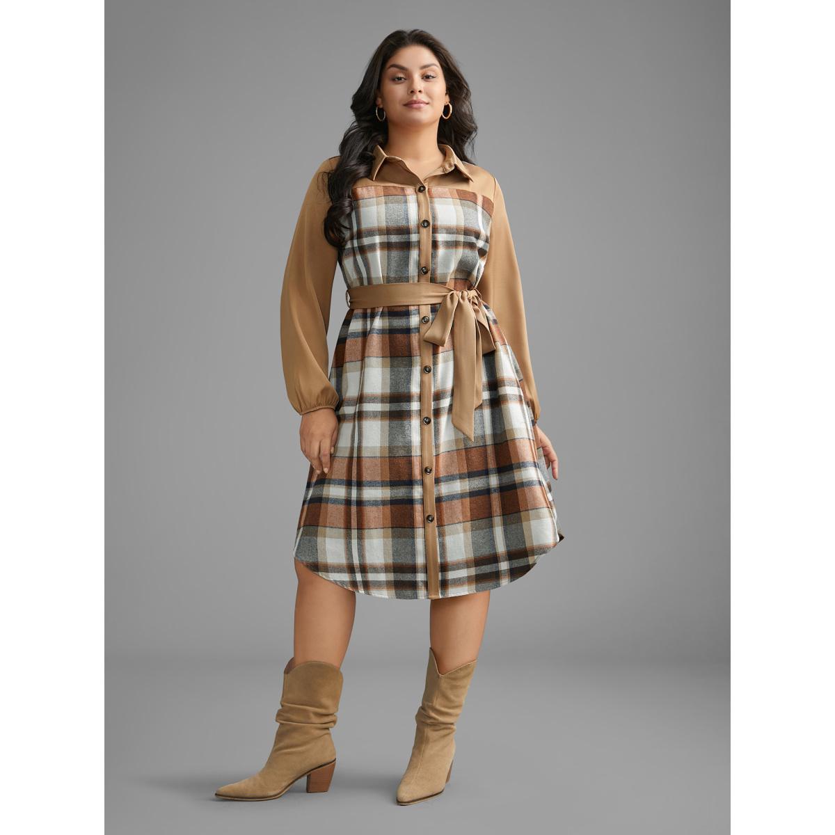 Plus Size Shirt Collar Plaid Patchwork Belted Dress Bronze Women Casual Belted Shirt collar Long Sleeve Curvy BloomChic 14-16/1X Product Image