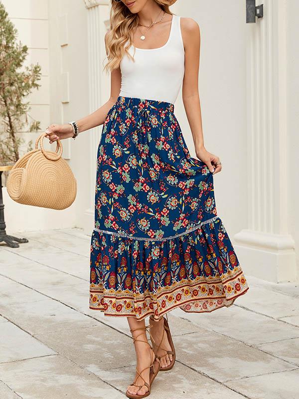 Loose Elasticity Flower Print Pleated Split-Joint Skirts Bottoms Product Image