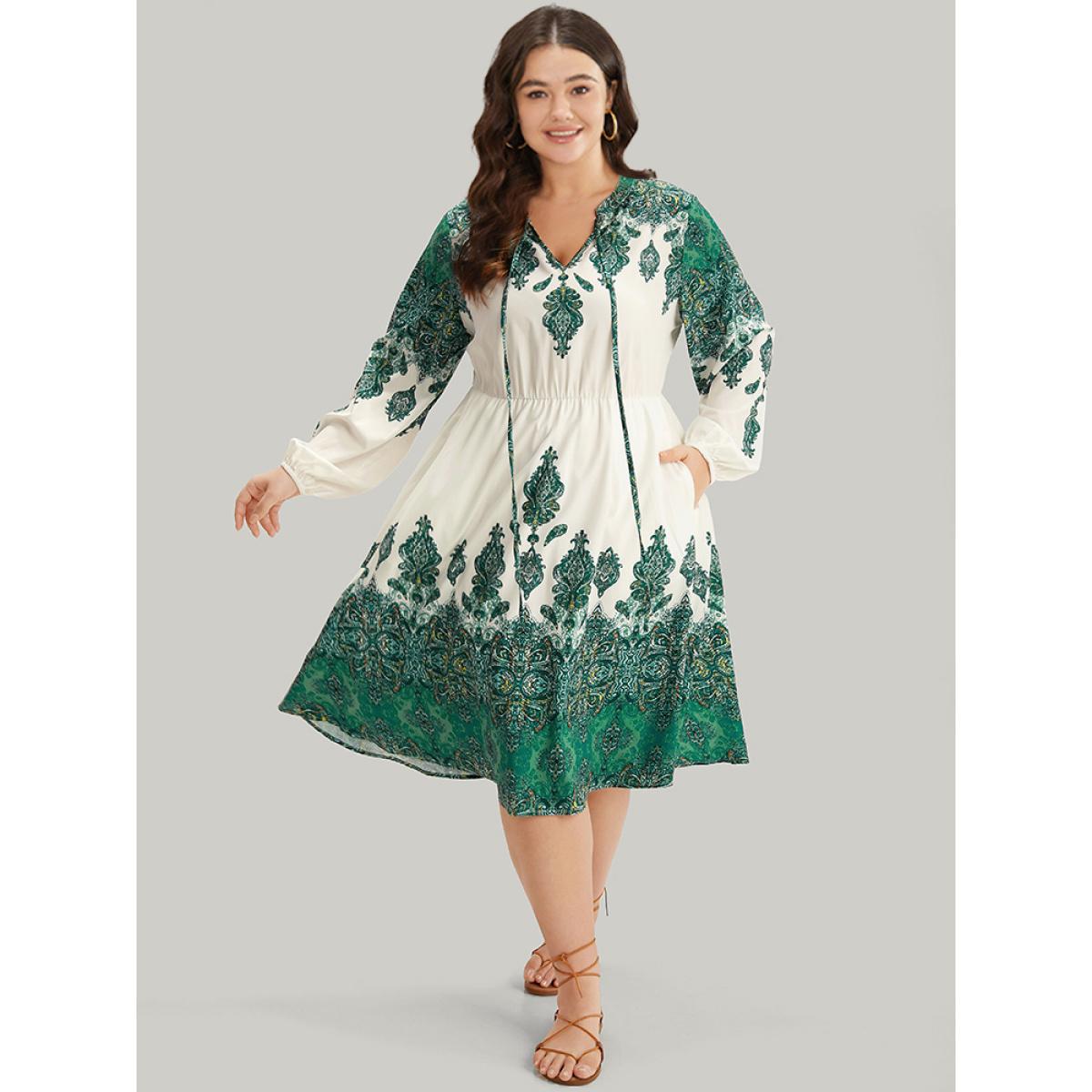 Plus Size Bandana Print Tie Neck Lantern Sleeve Dress Green Women Vacation Elastic cuffs Notched collar Long Sleeve Curvy Midi Dress BloomChic 30/6X Product Image