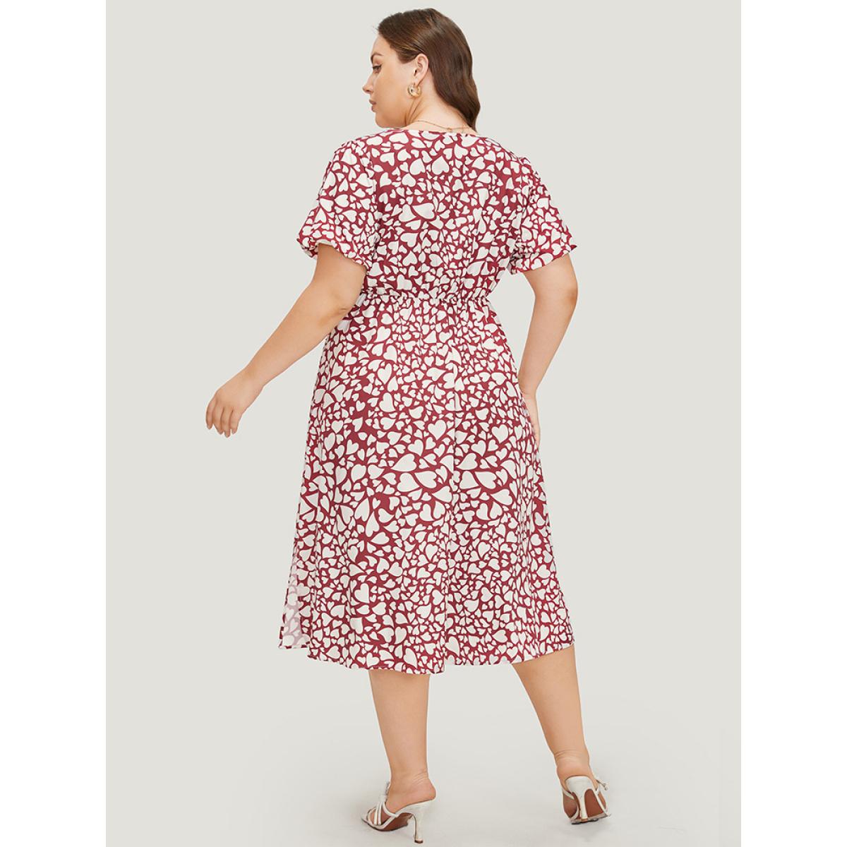 Plus Size Heart Print V Neck Crossover Pocket Dresse Red Women Elegant Slit V-neck Short sleeve Curvy Midi Dress BloomChic 18-20/2X Product Image