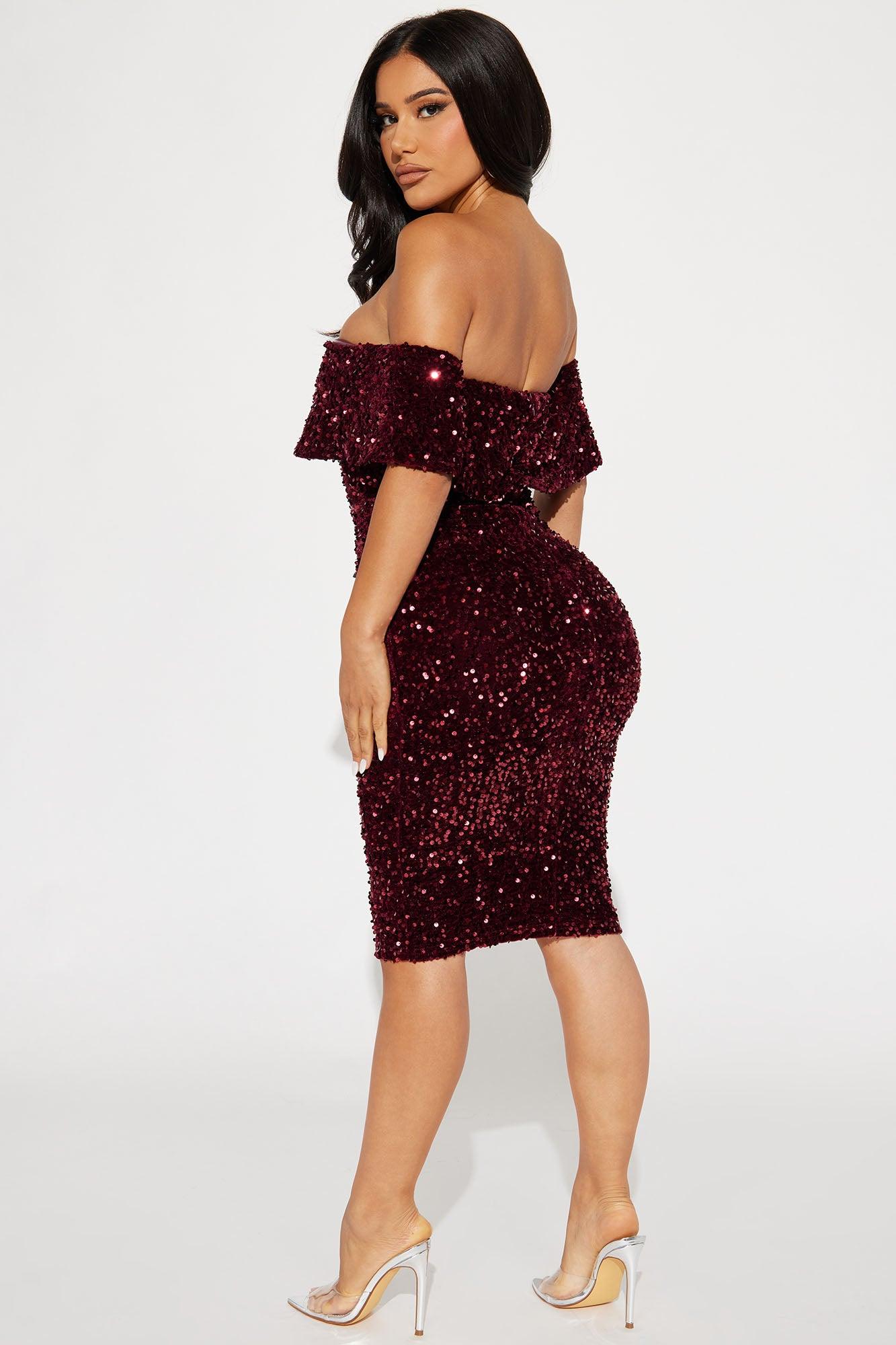 Evelyn Sequin Midi Dress - Burgundy Product Image
