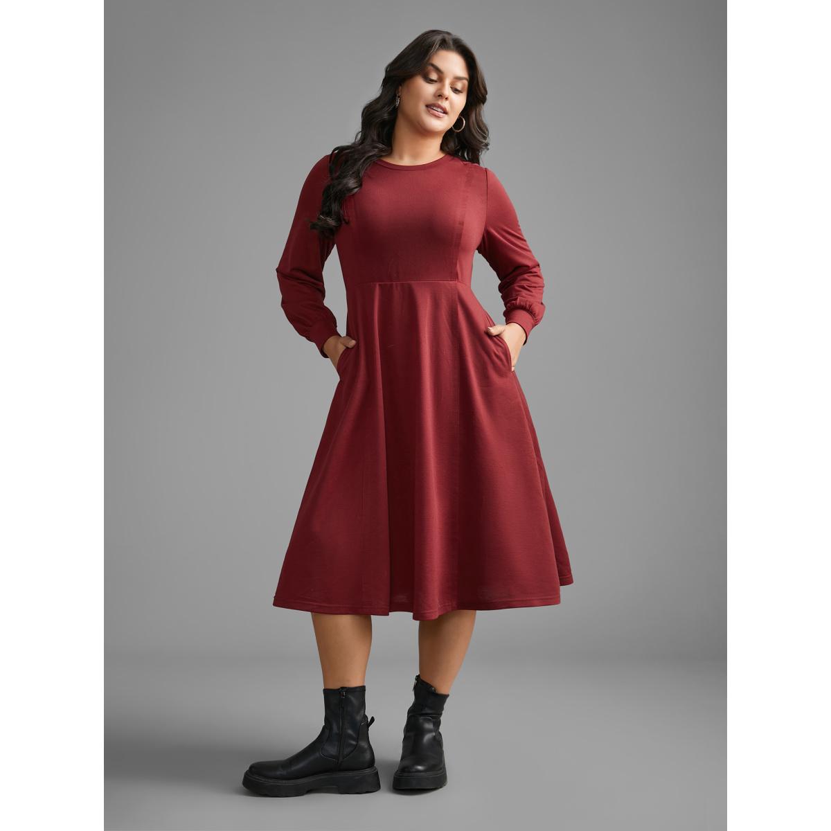 Plus Size Solid Round Neck Midi Knit Dress Burgundy Women Casual Non Knit Dresses Bloomchic 28/5X Product Image